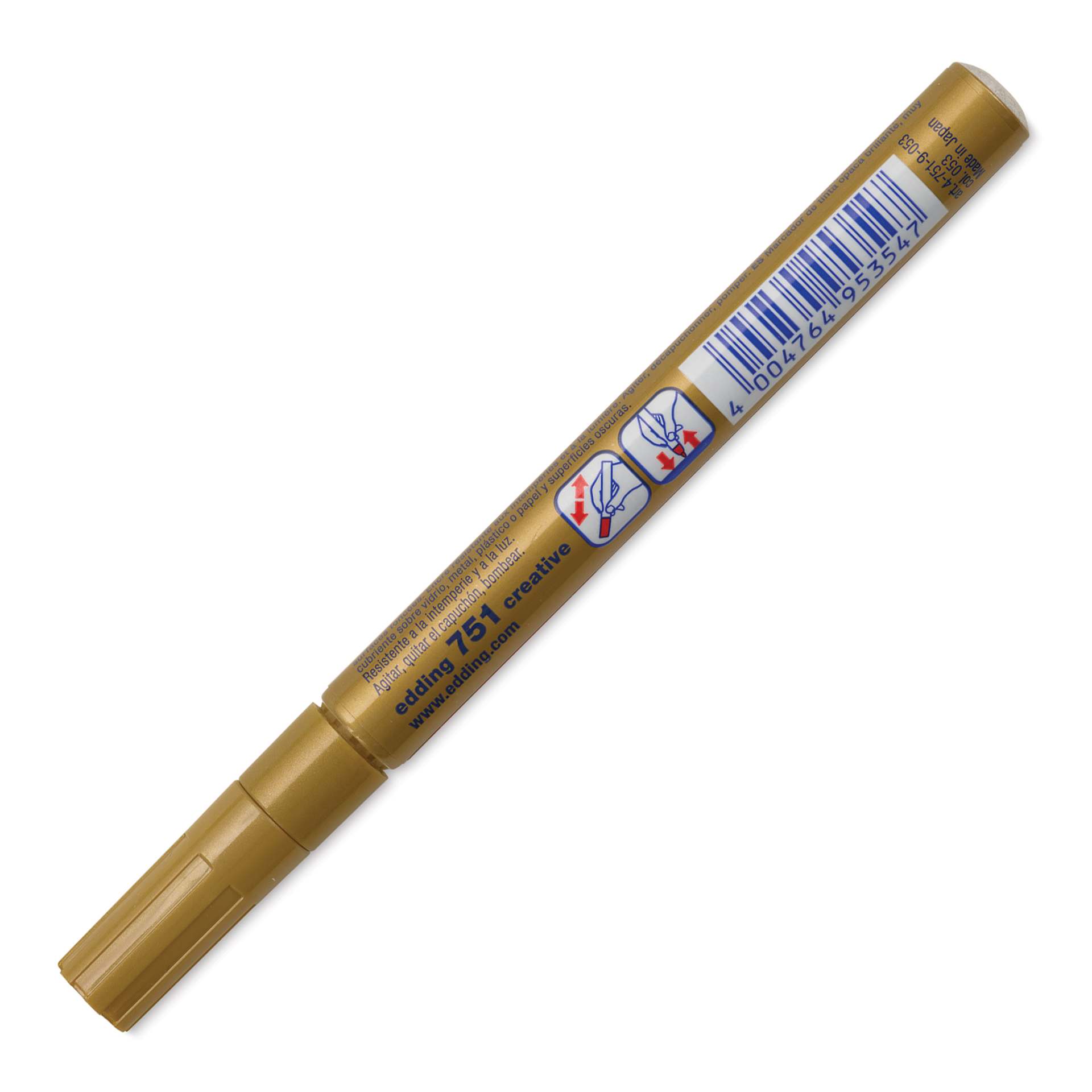 Edding Gloss Paint Marker - Gold, Round Nib, 1-2 mm, marker barrel showing usage instructions