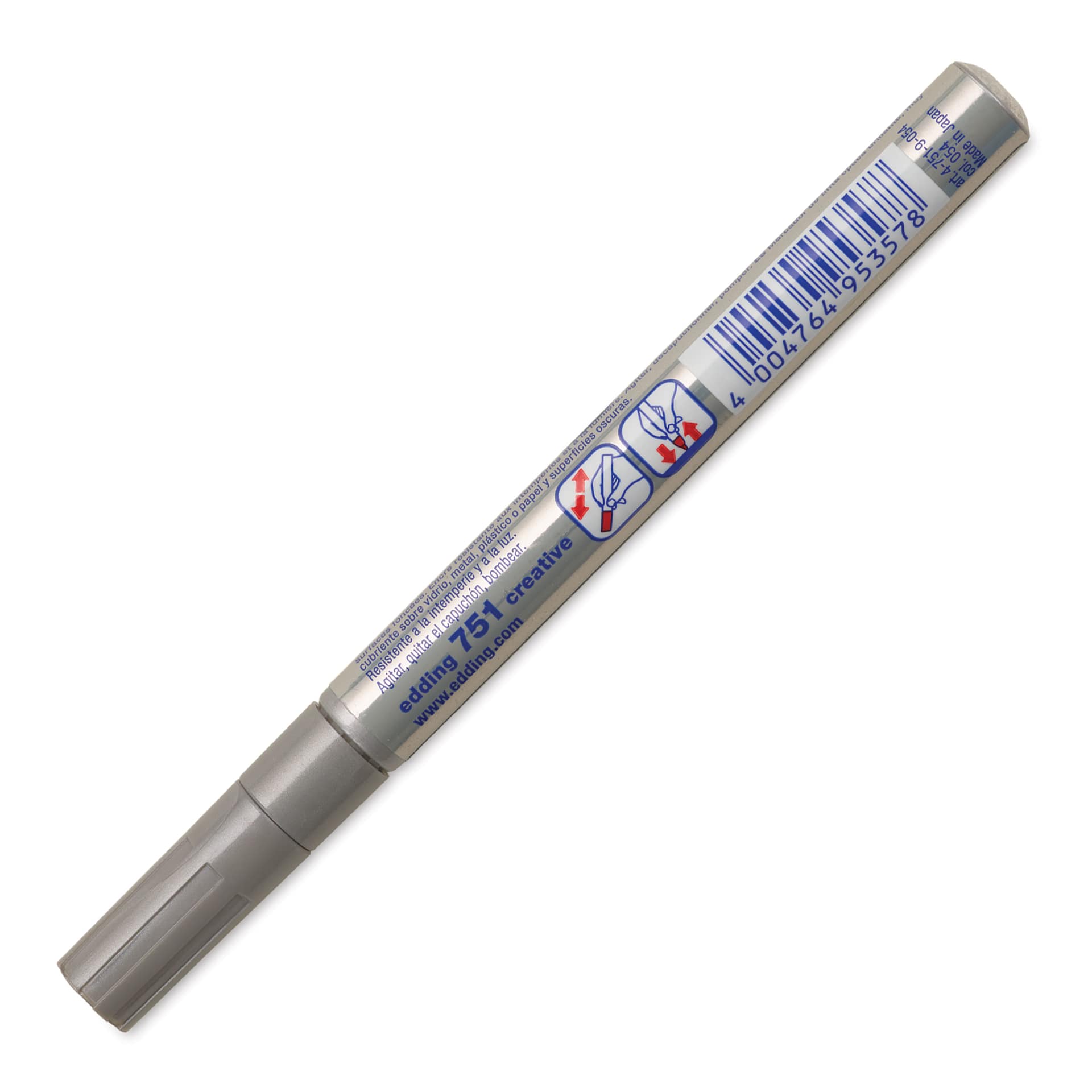 Edding Gloss Paint Marker - Silver, Round Nib, 1-2 mm, marker barrel showing usage instructions