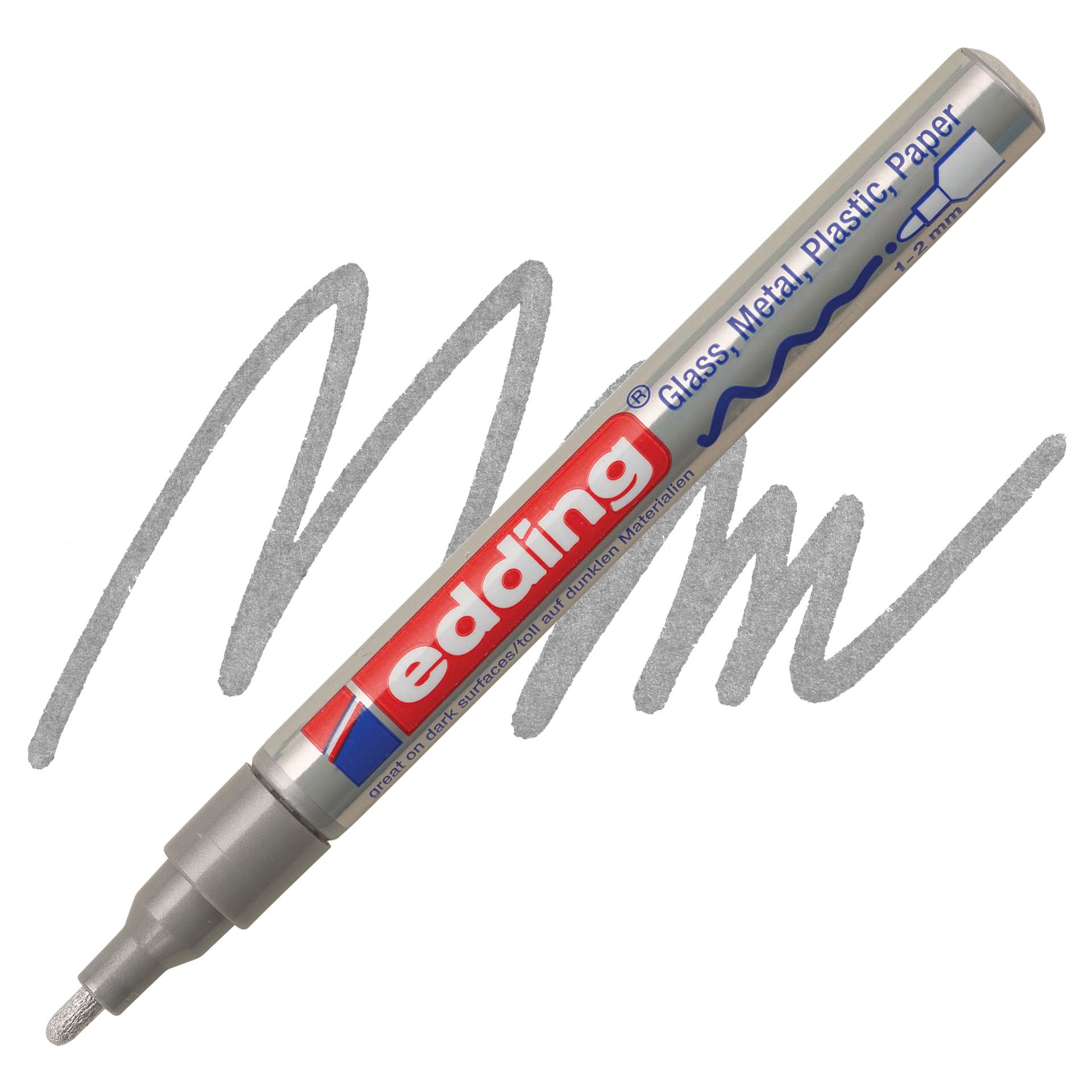 Edding Gloss Paint Marker - Silver, Round Nib, 1-2 mm, swatch and marker
