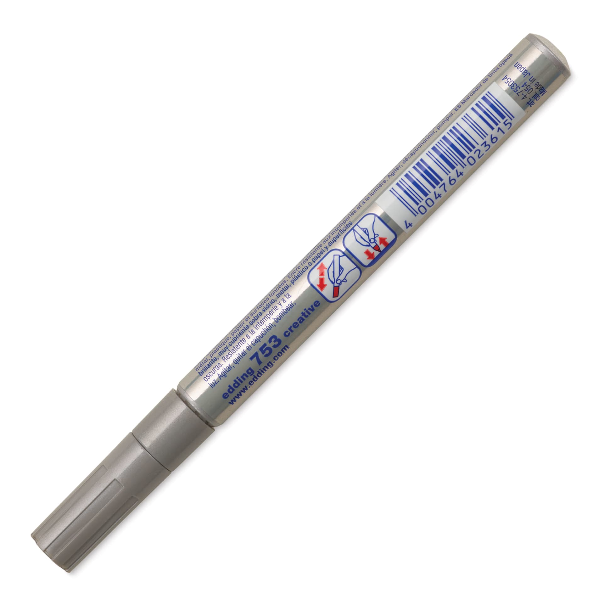 Edding Gloss Paint Marker - Silver, Calligraphy Nib, 1-5 mm, marker barrel showing usage instructions