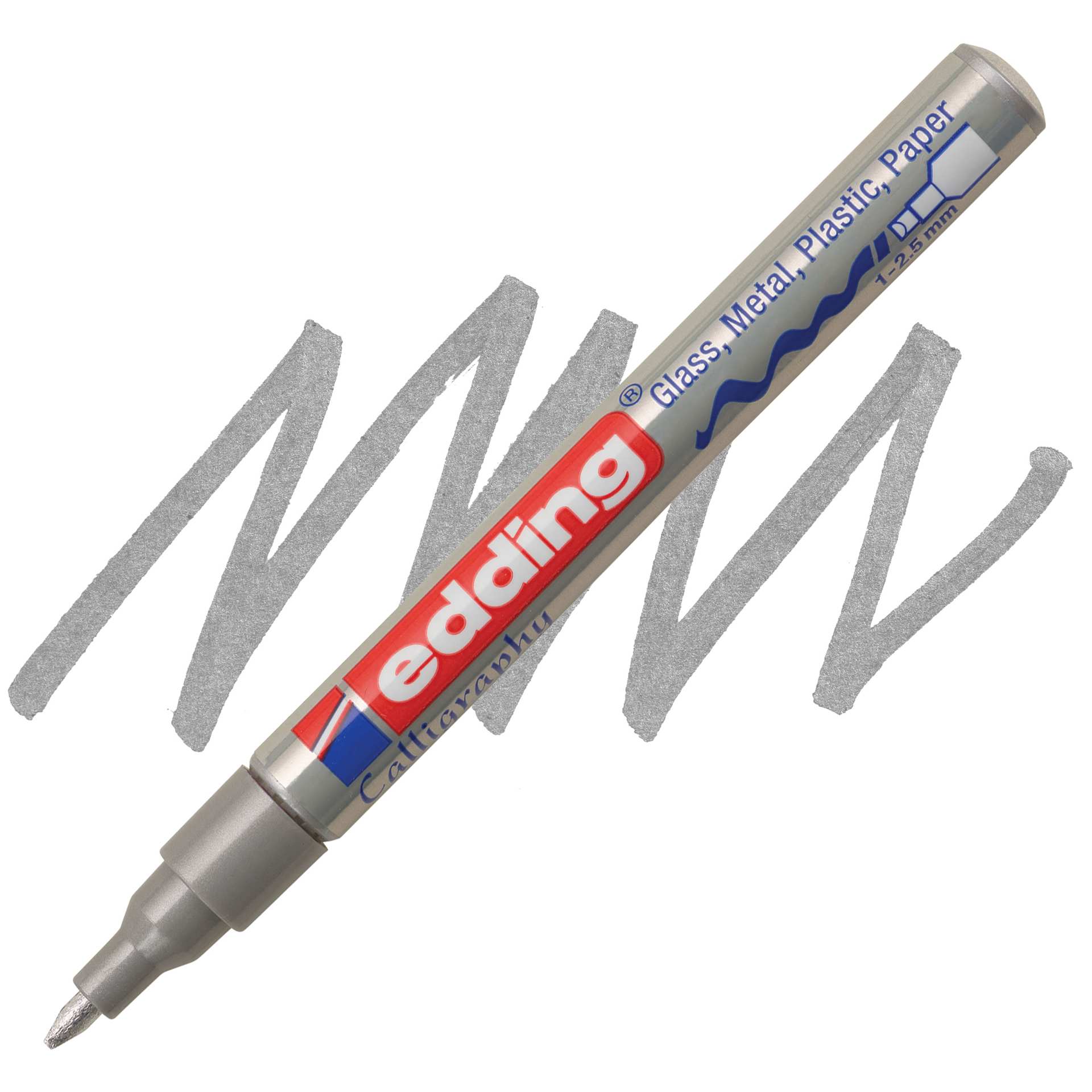 Edding Gloss Paint Marker - Silver, Calligraphy Nib, 1-5 mm, swatch and marker