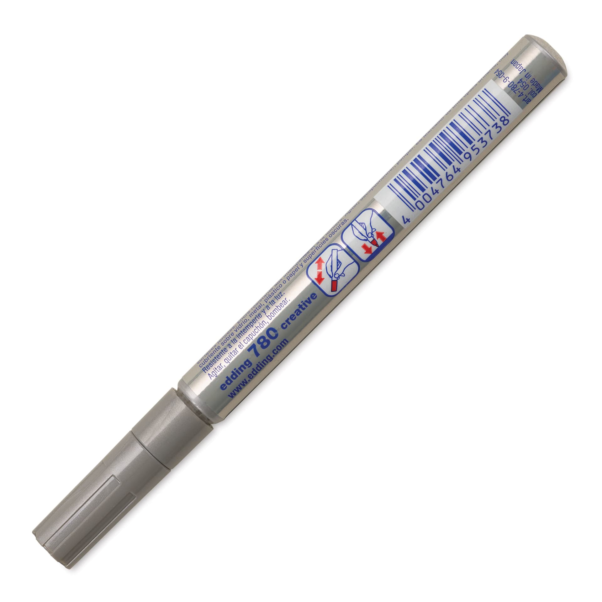 Edding Gloss Paint Marker - Silver, Round Nib, 0.8 mm, marker barrel showing usage instructions