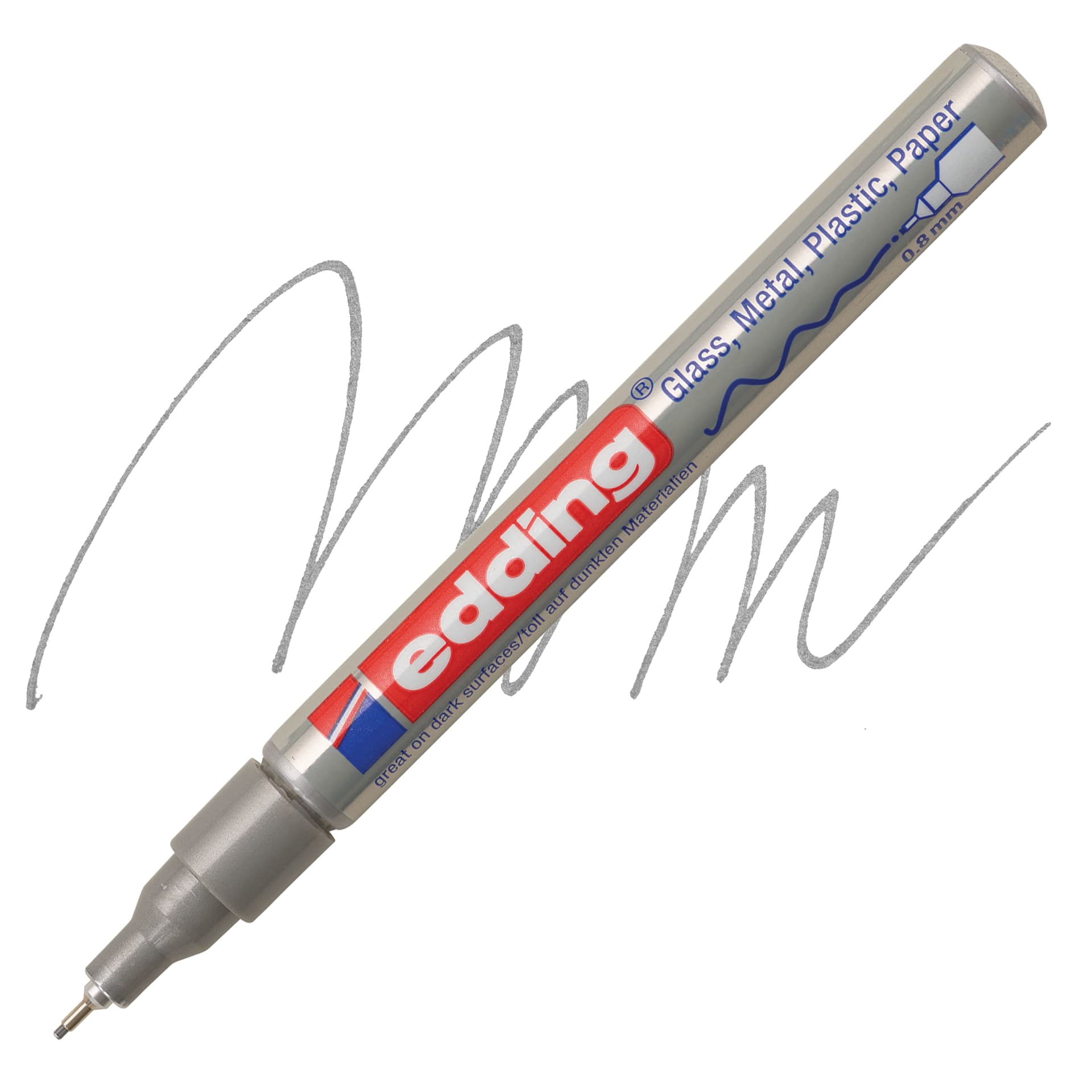 Edding Gloss Paint Marker - Silver, Round Nib, 0.8 mm, swatch and marker