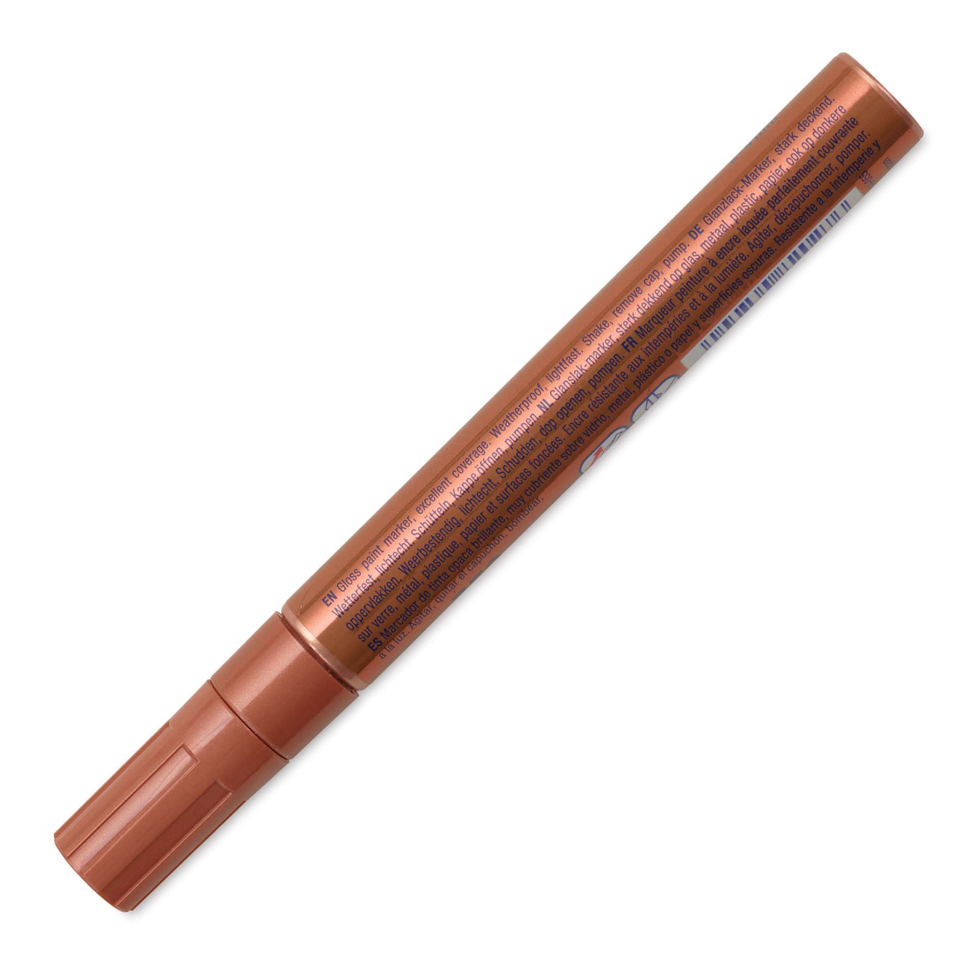 Edding Gloss Paint Marker - Copper, Round Nib, 2-4 mm, marker barrel showing usage instrucitons