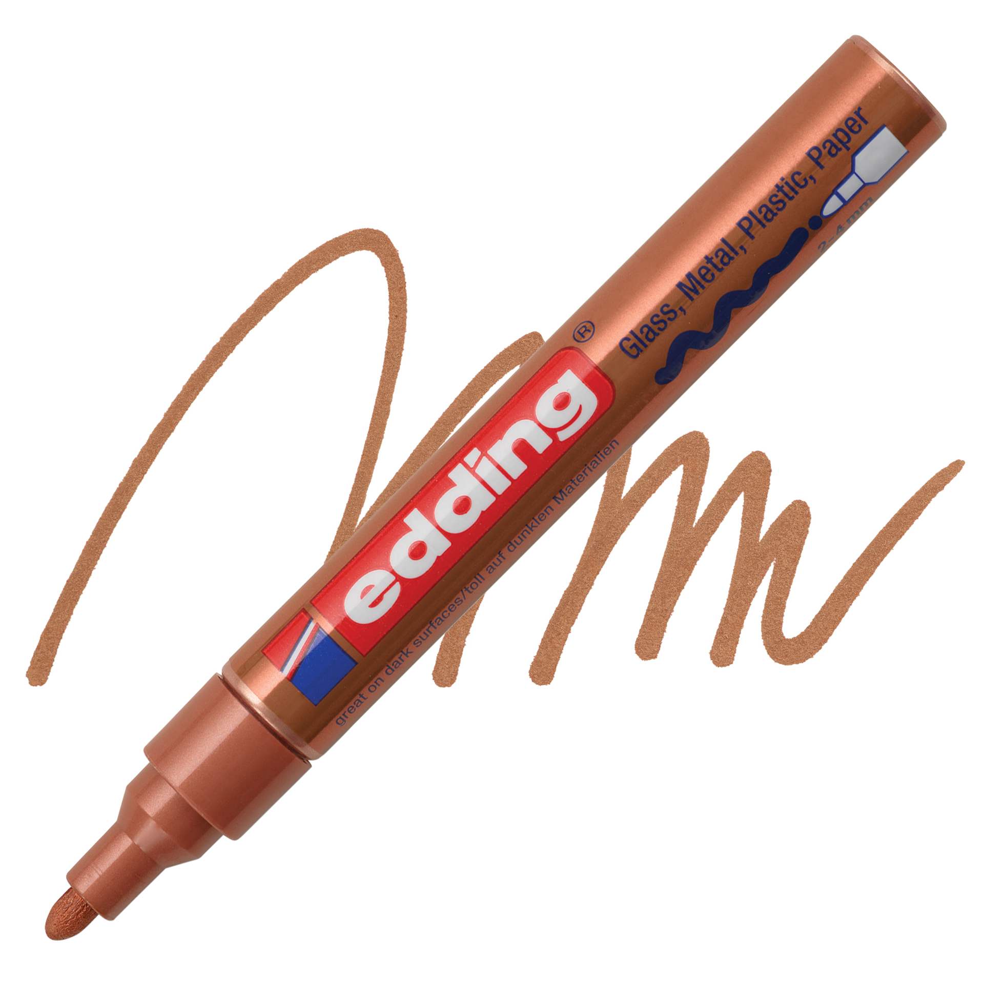 Edding Gloss Paint Marker - Copper, Round Nib, 2-4 mm, swatch and marker