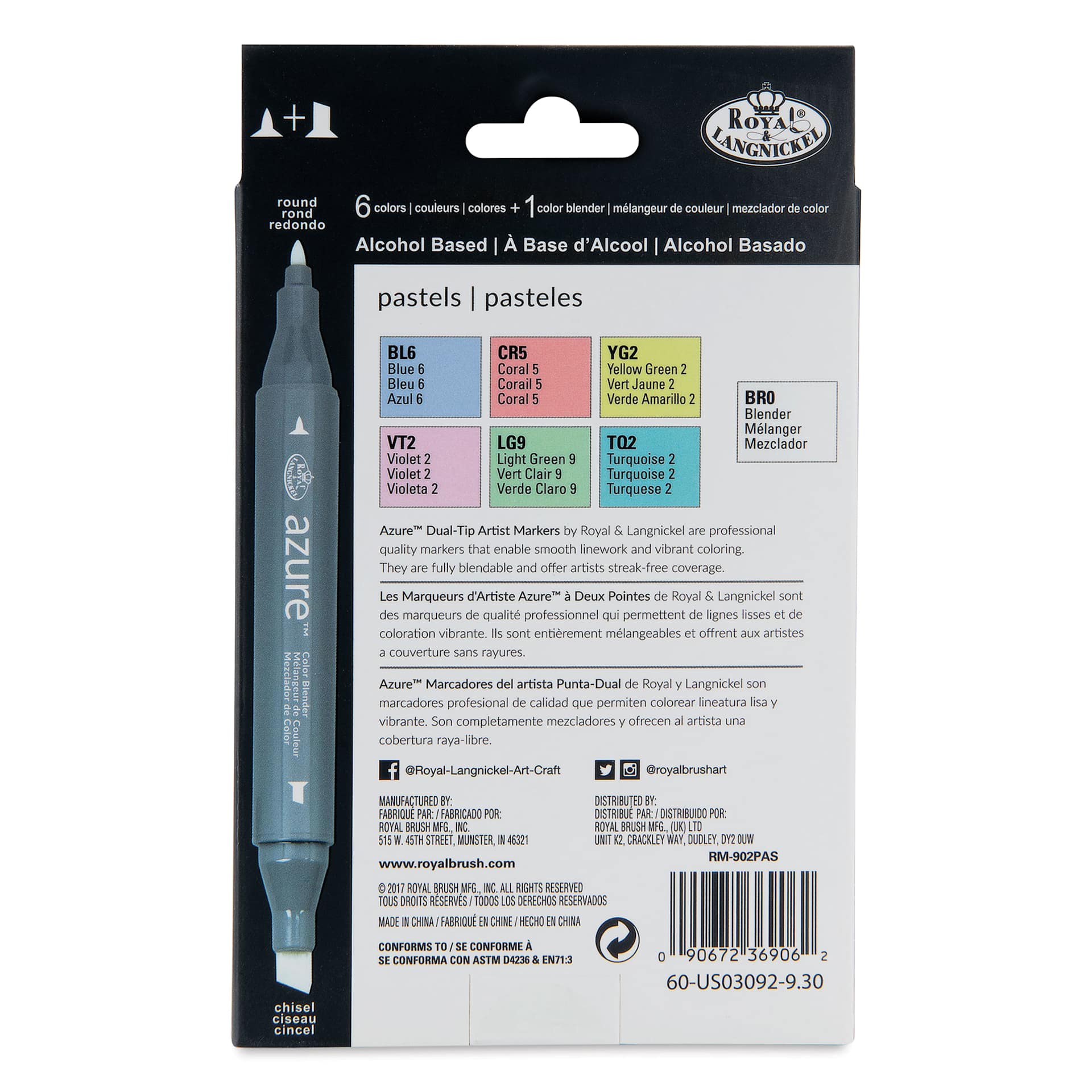 Royal & Langnickel Azure Dual Tip Markers - Set of 7, Pastel Colors, back of the packaging