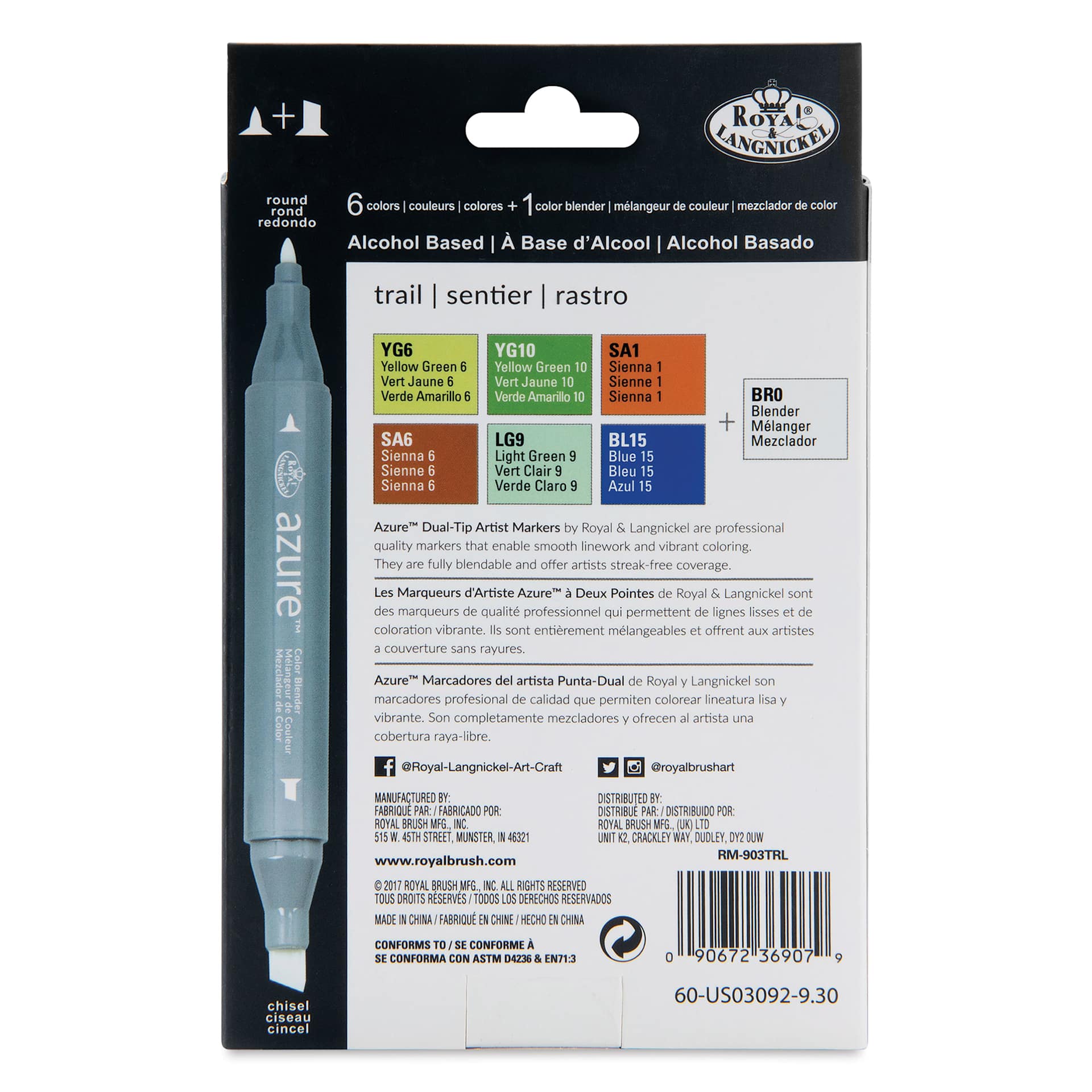 Royal & Langnickel Azure Dual Tip Markers - Set of 7, Trial Colors, back of the packaging