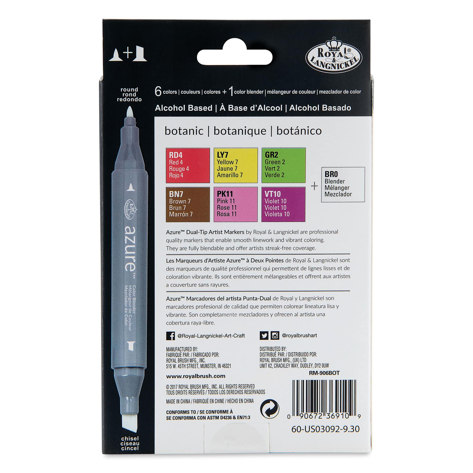 Royal & Langnickel Azure Dual Tip Markers - Set of 7, Botanic Colors, back of the packaging
