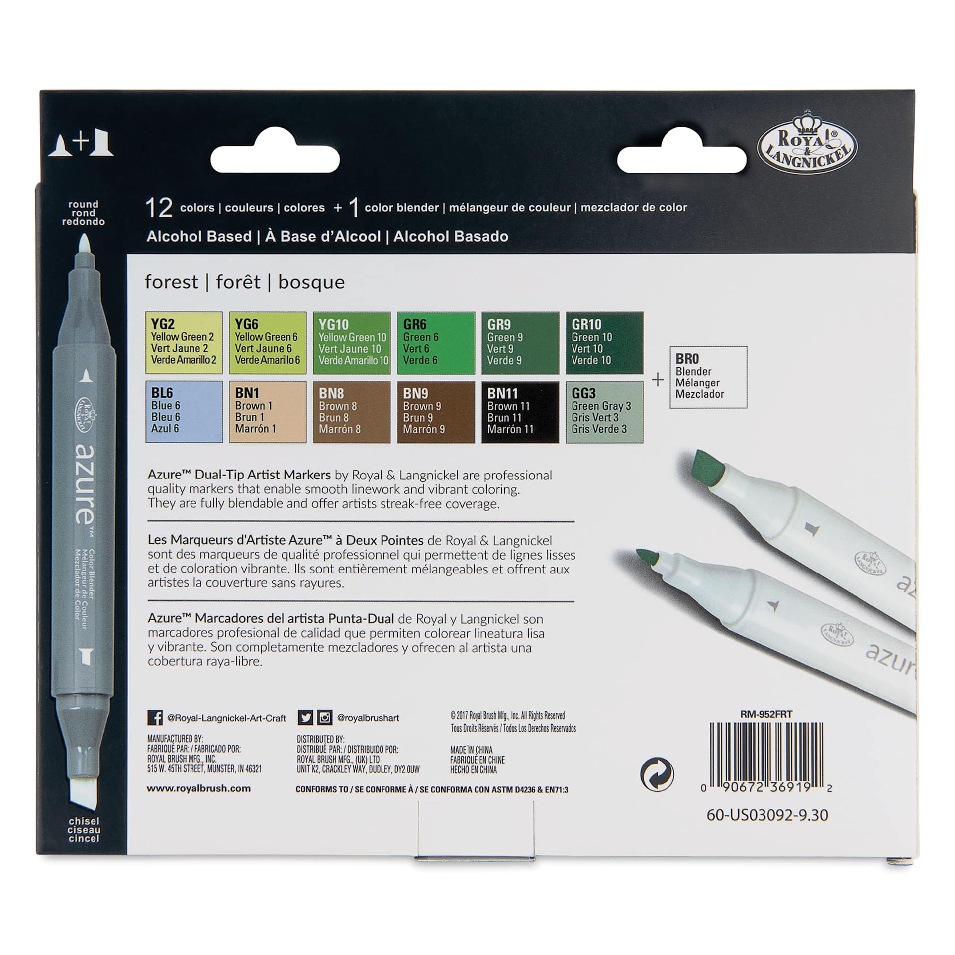 Royal & Langnickel Azure Dual Tip Markers - Set of 13, Forest Colors, back of the packaging
