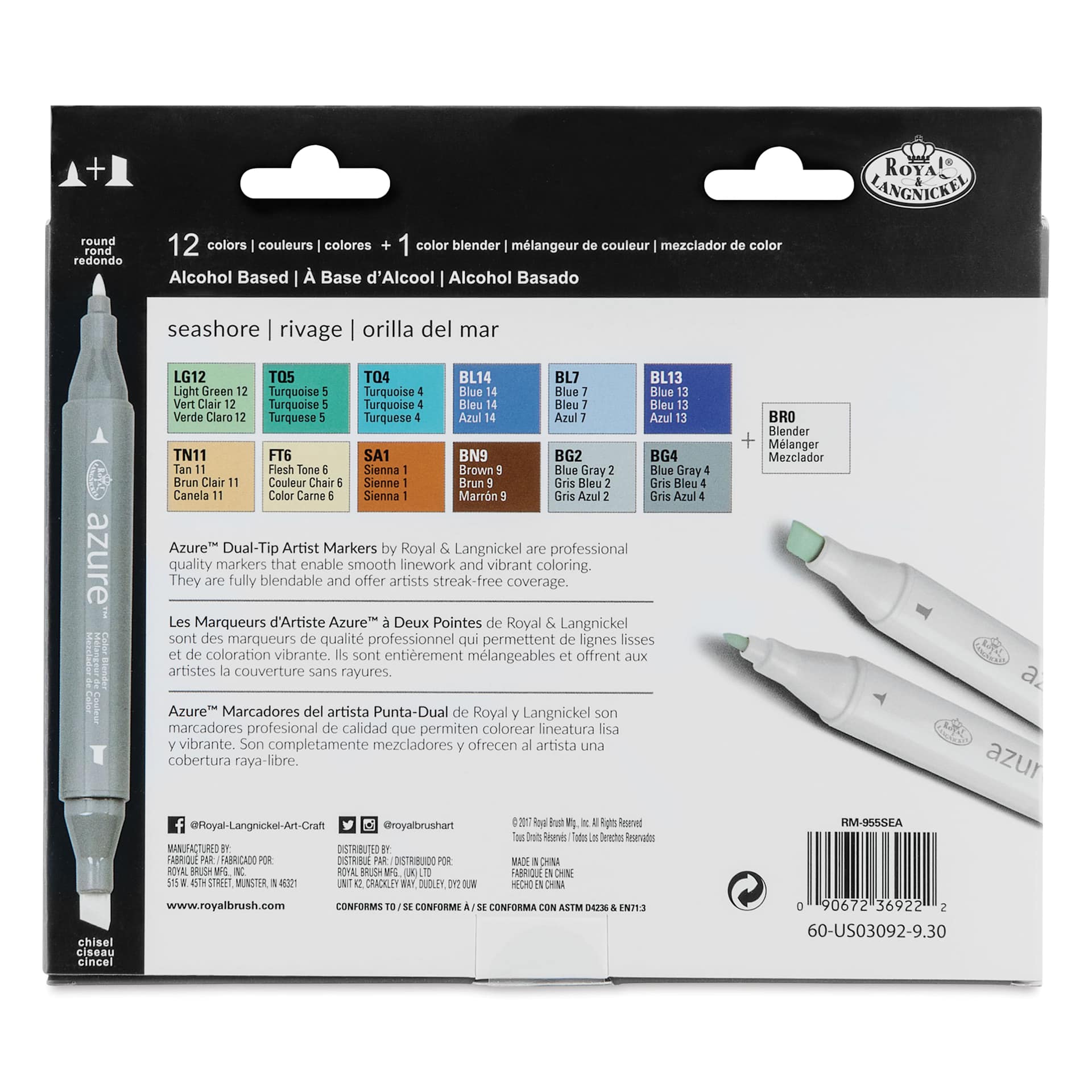 Royal & Langnickel Azure Dual Tip Markers - Set of 13, Seashore Colors, back of the packaging