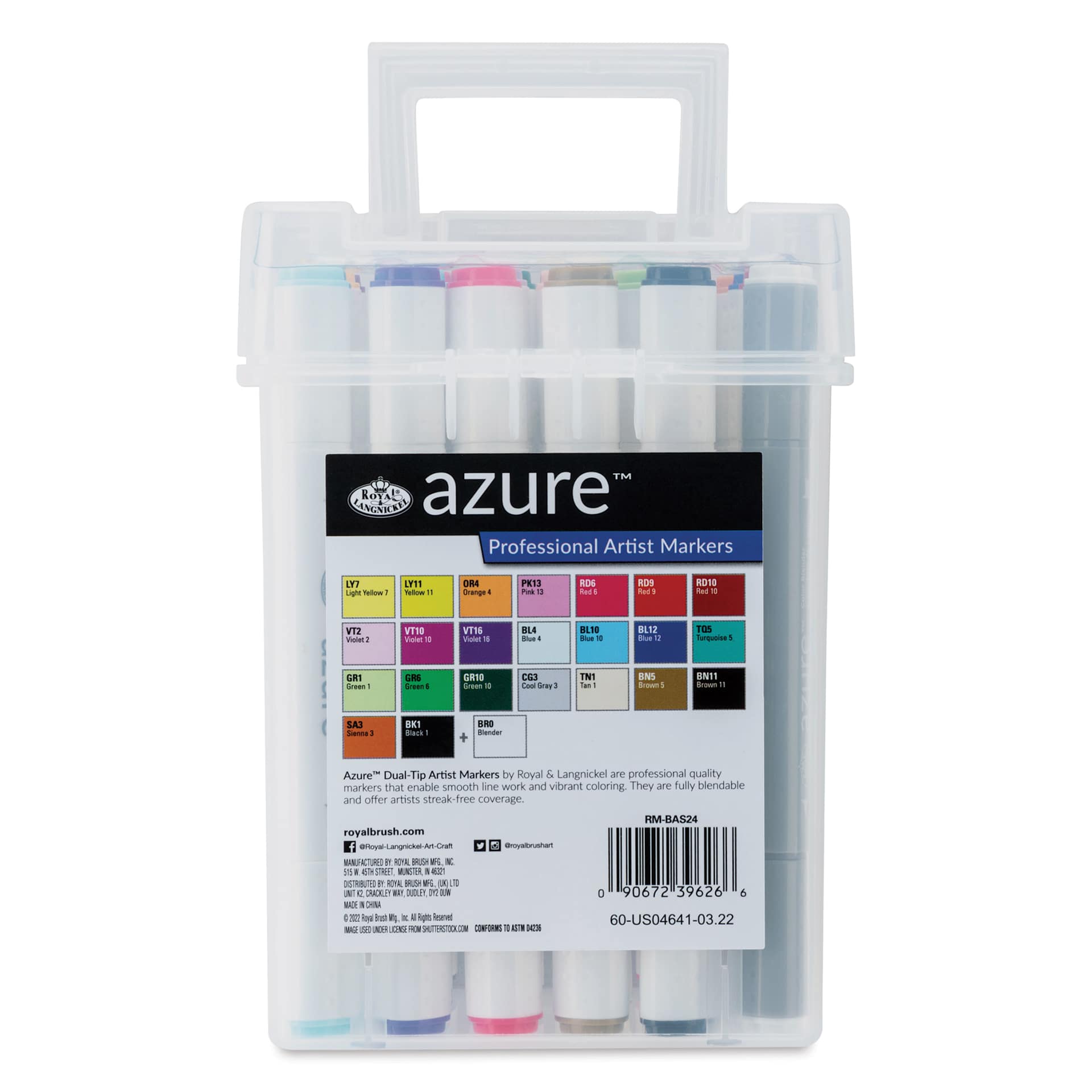 Royal & Langnickel Azure Dual Tip Markers - Set of 24, Basic Colors, back of the carrying case