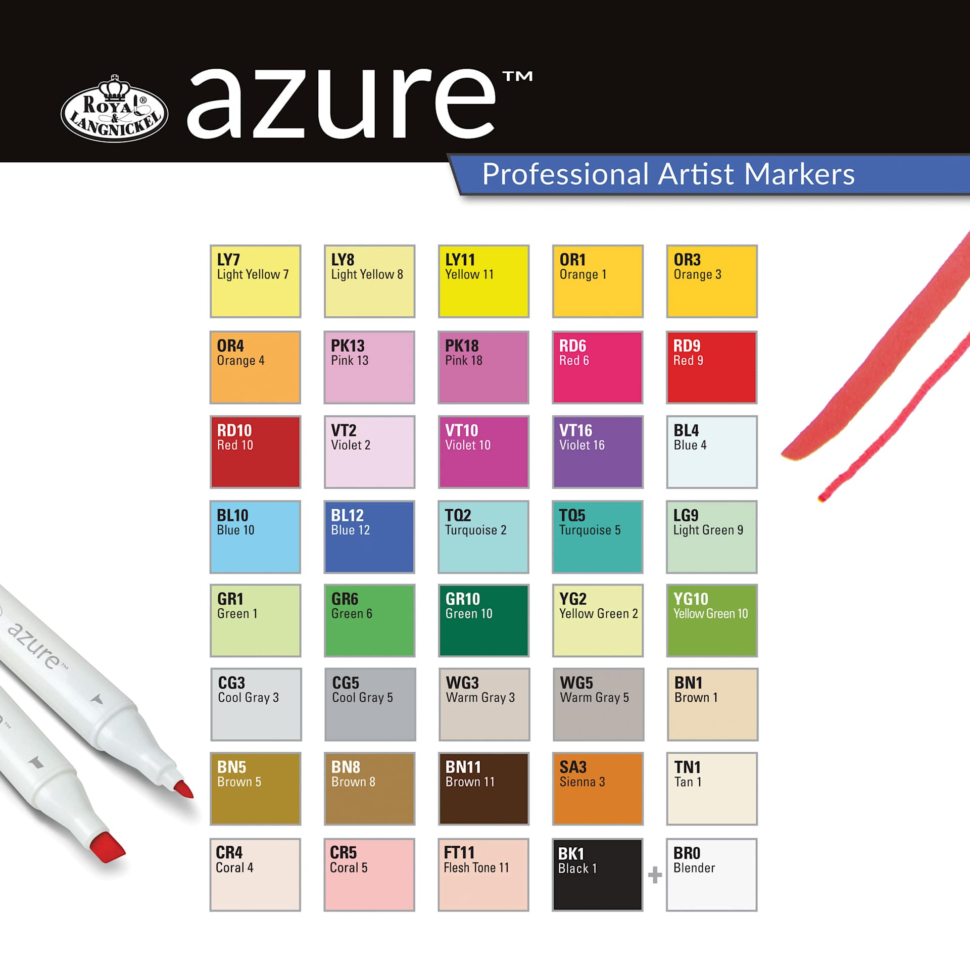 Royal & Langnickel Azure Dual Tip Markers - Set of 40, Assorted Colors, color chart