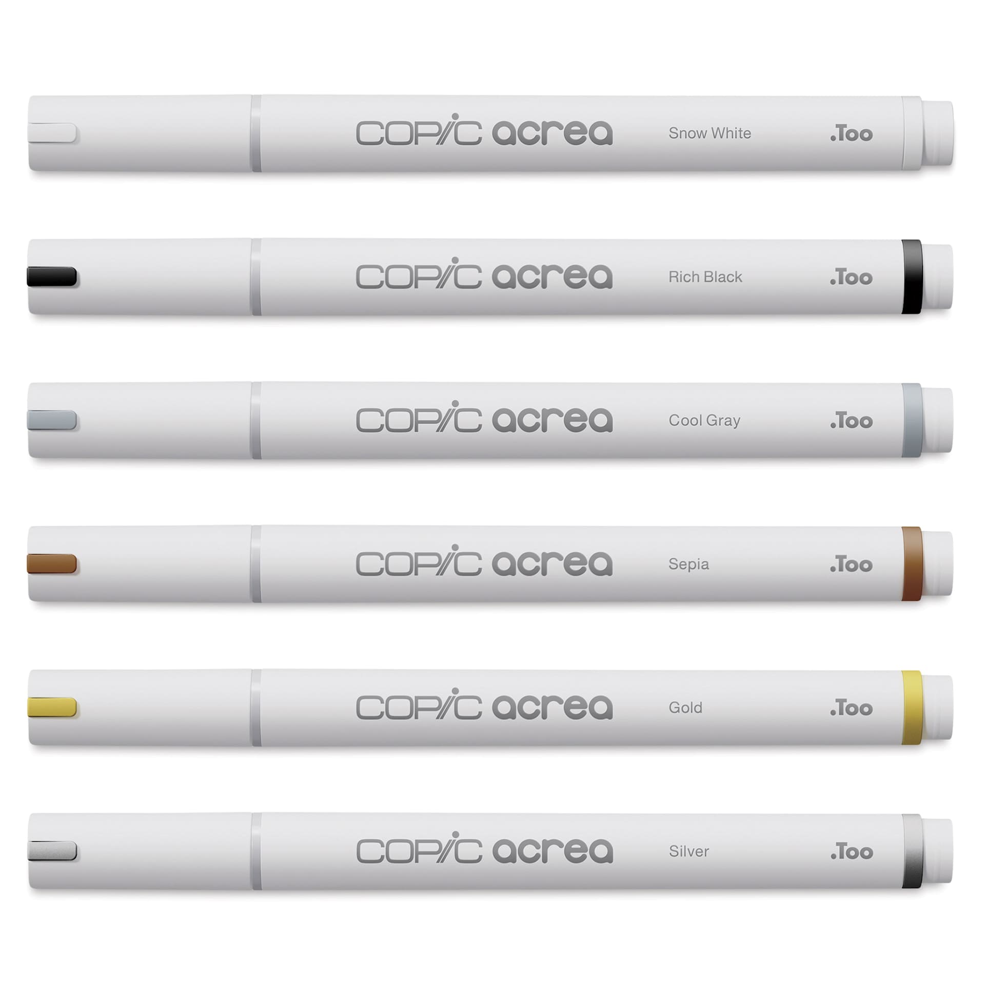 Copic Acrea Paint Markers - Essentials Colors, Set of 6, markers laid out