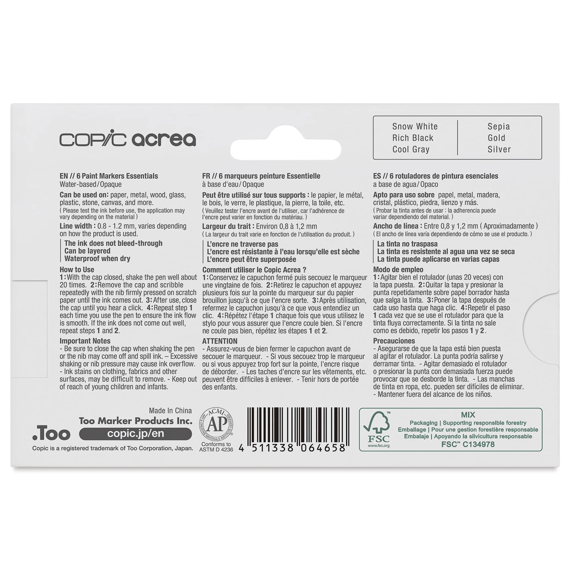 Copic Acrea Paint Markers - Essentials Colors, Set of 6, back of the packaging