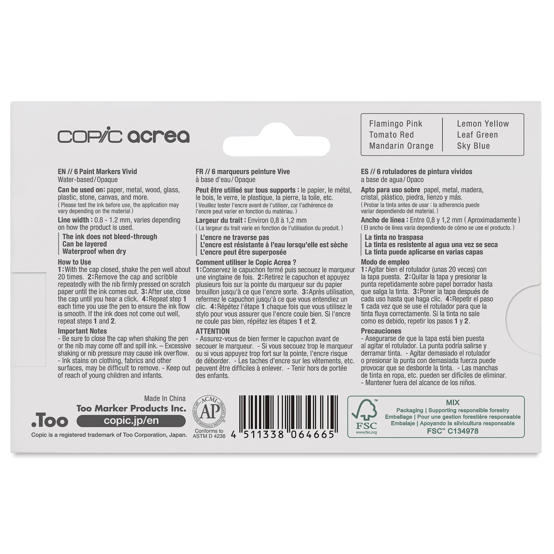 Copic Acrea Paint Markers - Vivid Colors, Set of 6, back of the packaging