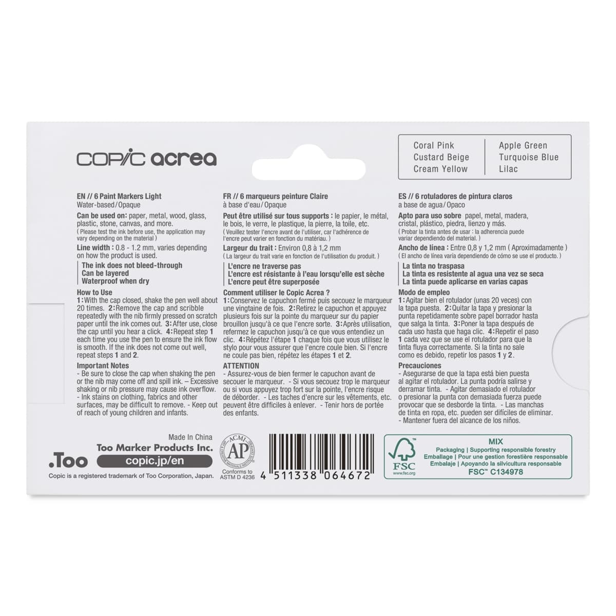 Copic Acrea Paint Markers - Light Colors, Set of 6, back of the packaging
