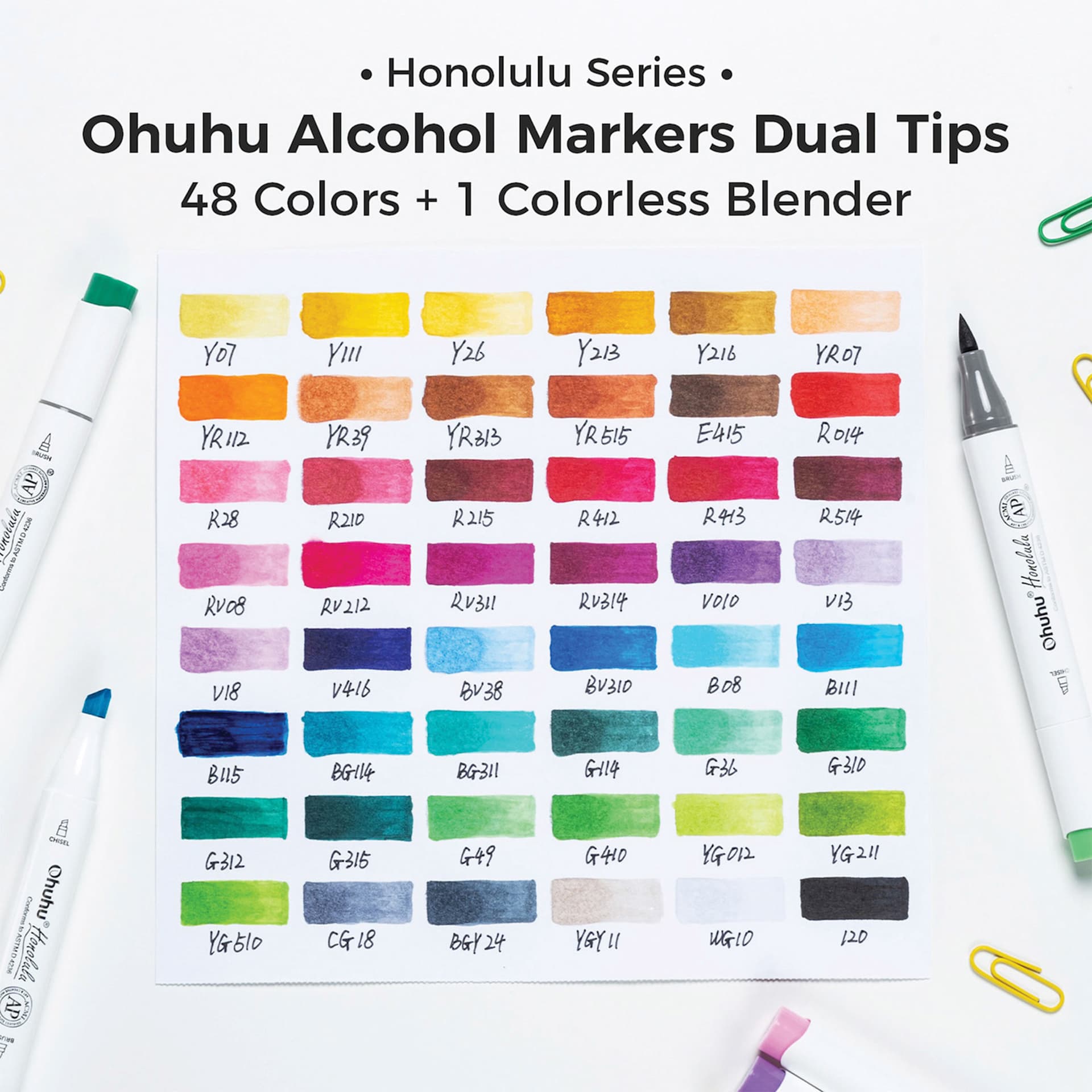 Honolulu Series. Ohuhu Alcohol Markers Dual Tips, 48 Colors, plus one Colorless Blender.