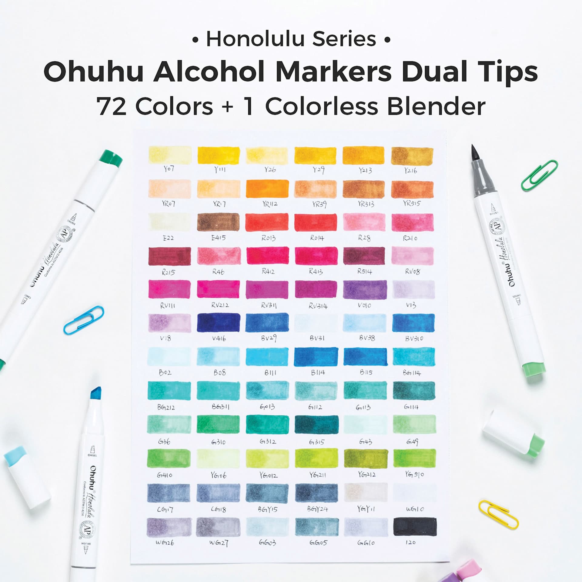 Honolulu Series. Ohuhu Alcohol Markers Dual Tips, 72 Colors, plus one Colorless Blender.