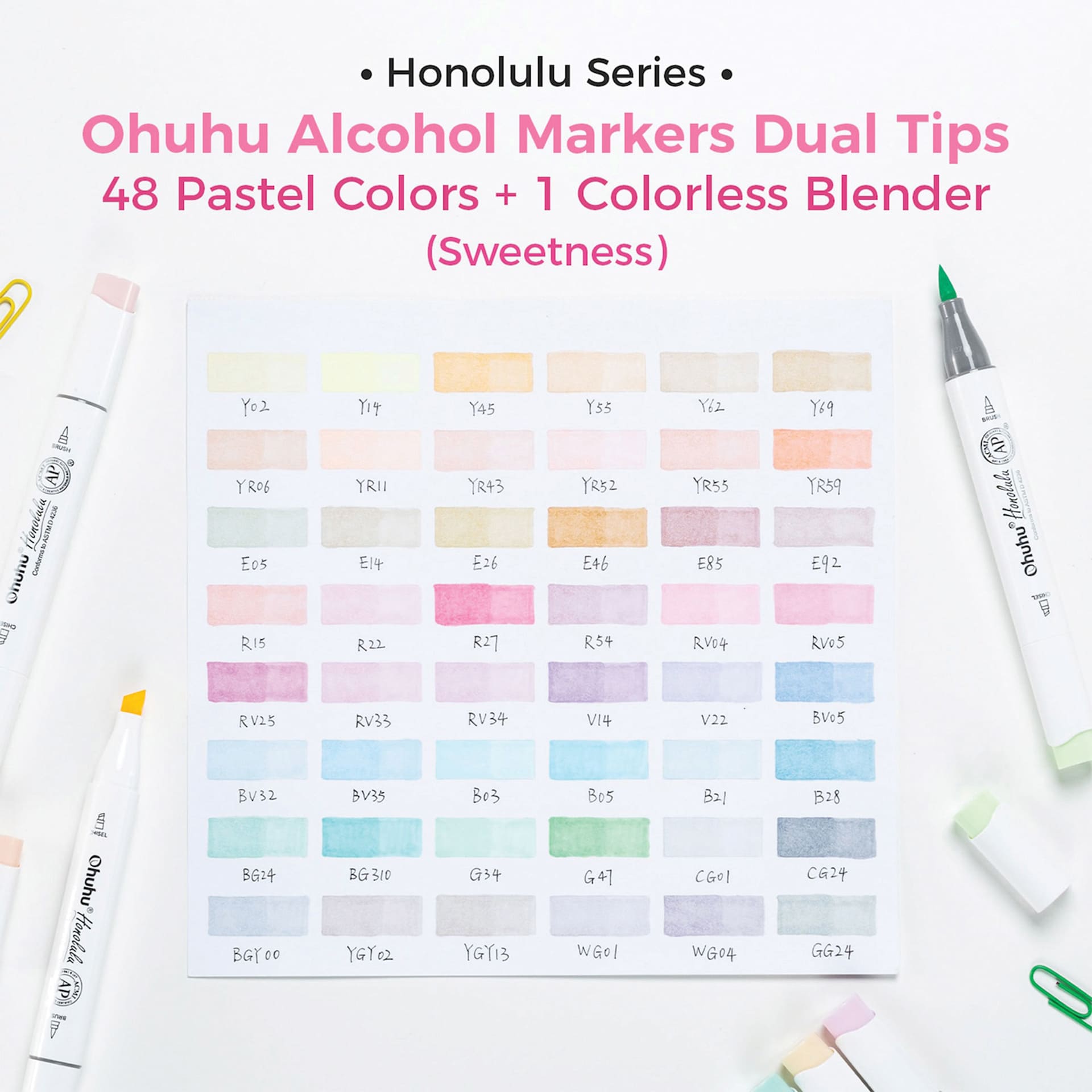 Honolulu Series. Ohuhu Alcohol Markers Dual Tips, 48 Pastel Colors, plus one Colorless Blender.