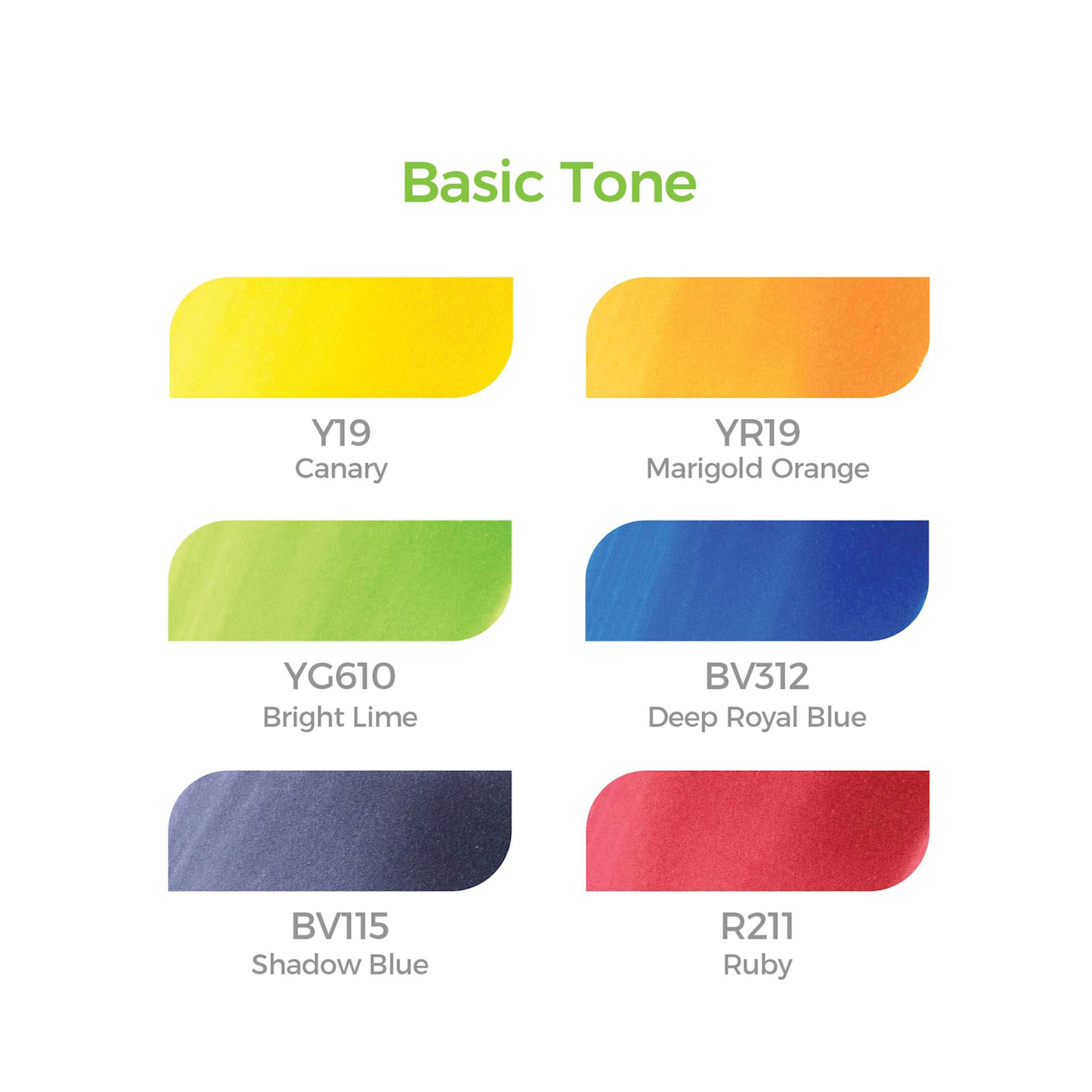 Ohuhu Honolulu Dual Tip Marker Set - Set of 6, Basic Colors, color chart