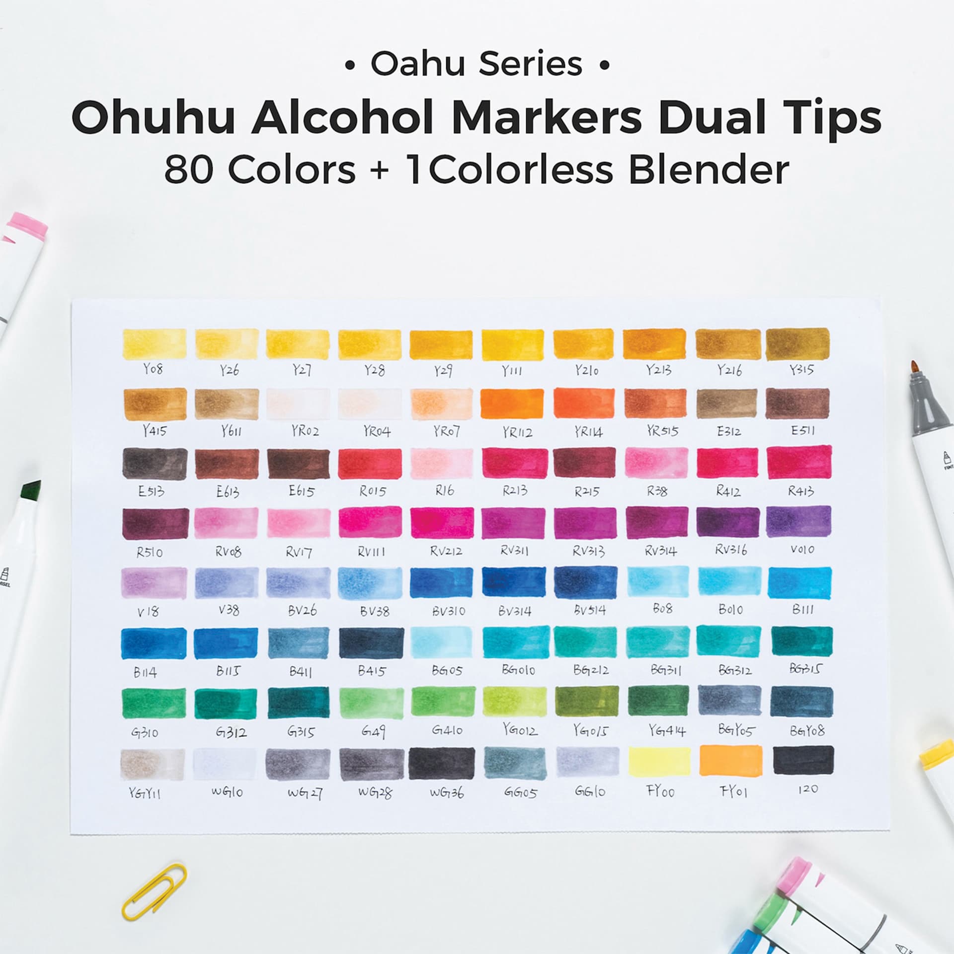 Oahu Series. Ohuhu Alcohol Markers Dual Tips, 80 Colors, plus one Colorless Blender.