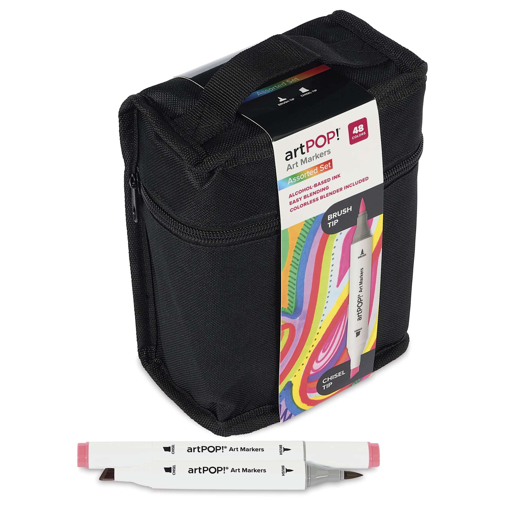 artPOP! Chisel and Brush Dual Tip Alcohol Art Marker Set - Set of 49, Assorted. two markers next to packaging