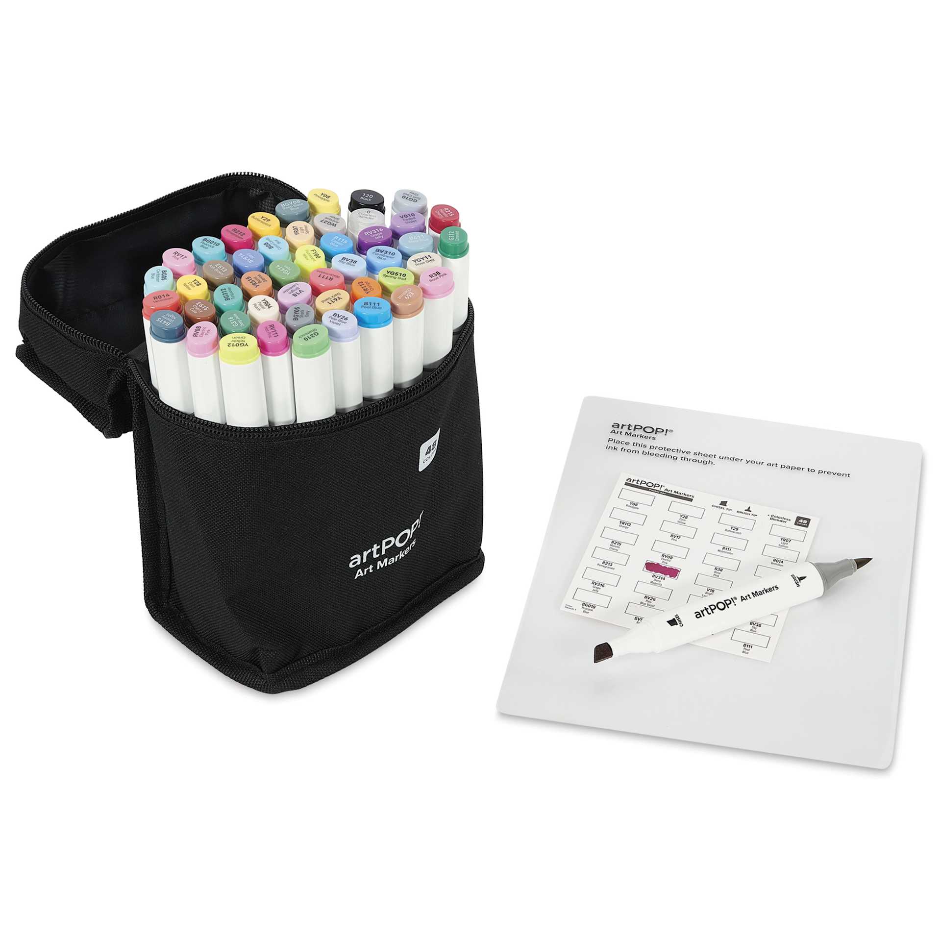 artPOP! Chisel and Brush Dual Tip Alcohol Art Marker Set - Set of 49, Assorted, swatch card next to packaging
