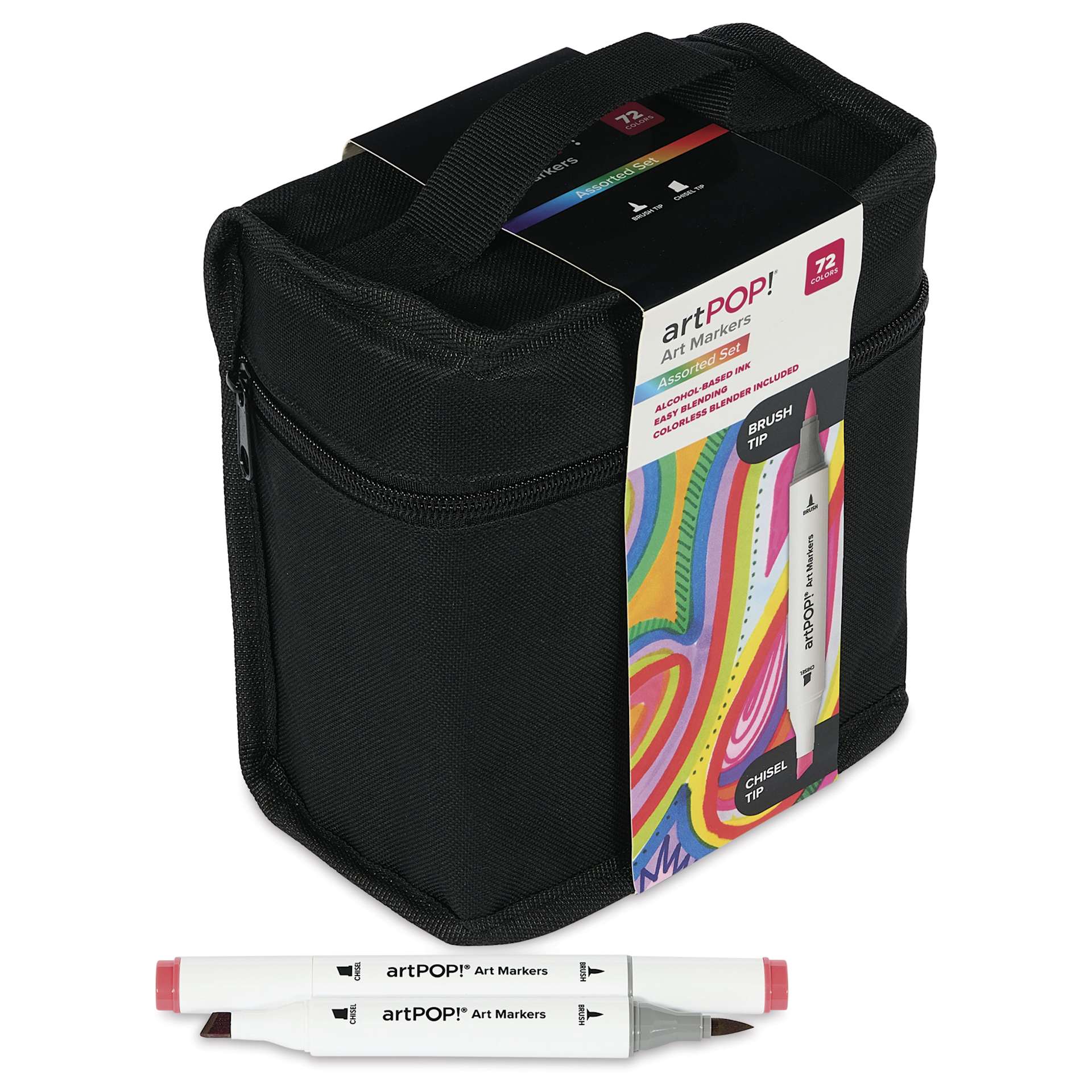 artPOP! Chisel and Brush Dual Tip Alcohol Art Marker Set - Set of 73, Assorted, two markers next to packaging