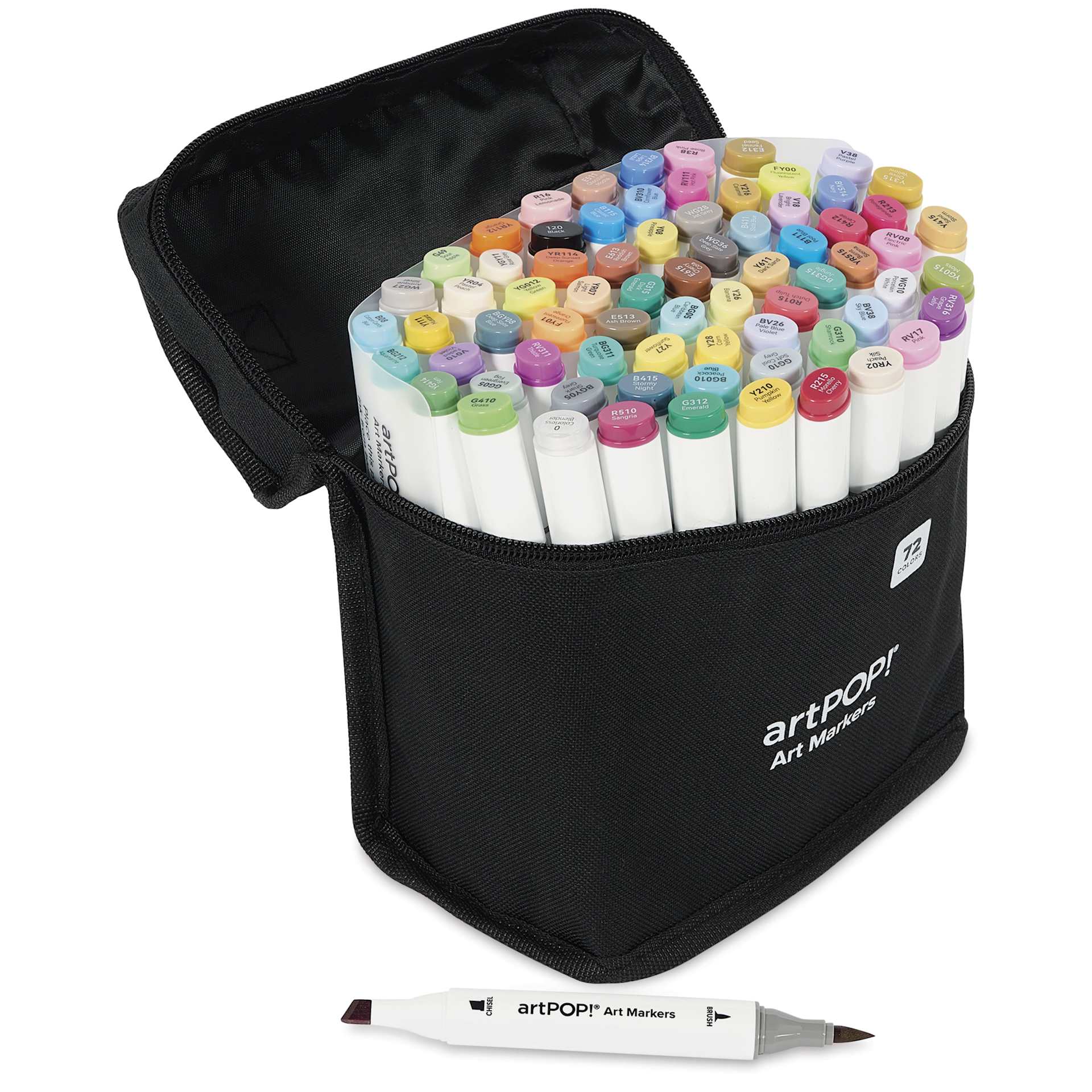 artPOP! Chisel and Brush Dual Tip Alcohol Art Marker Set - Set of 73, Assorted, single marker next to open packaging