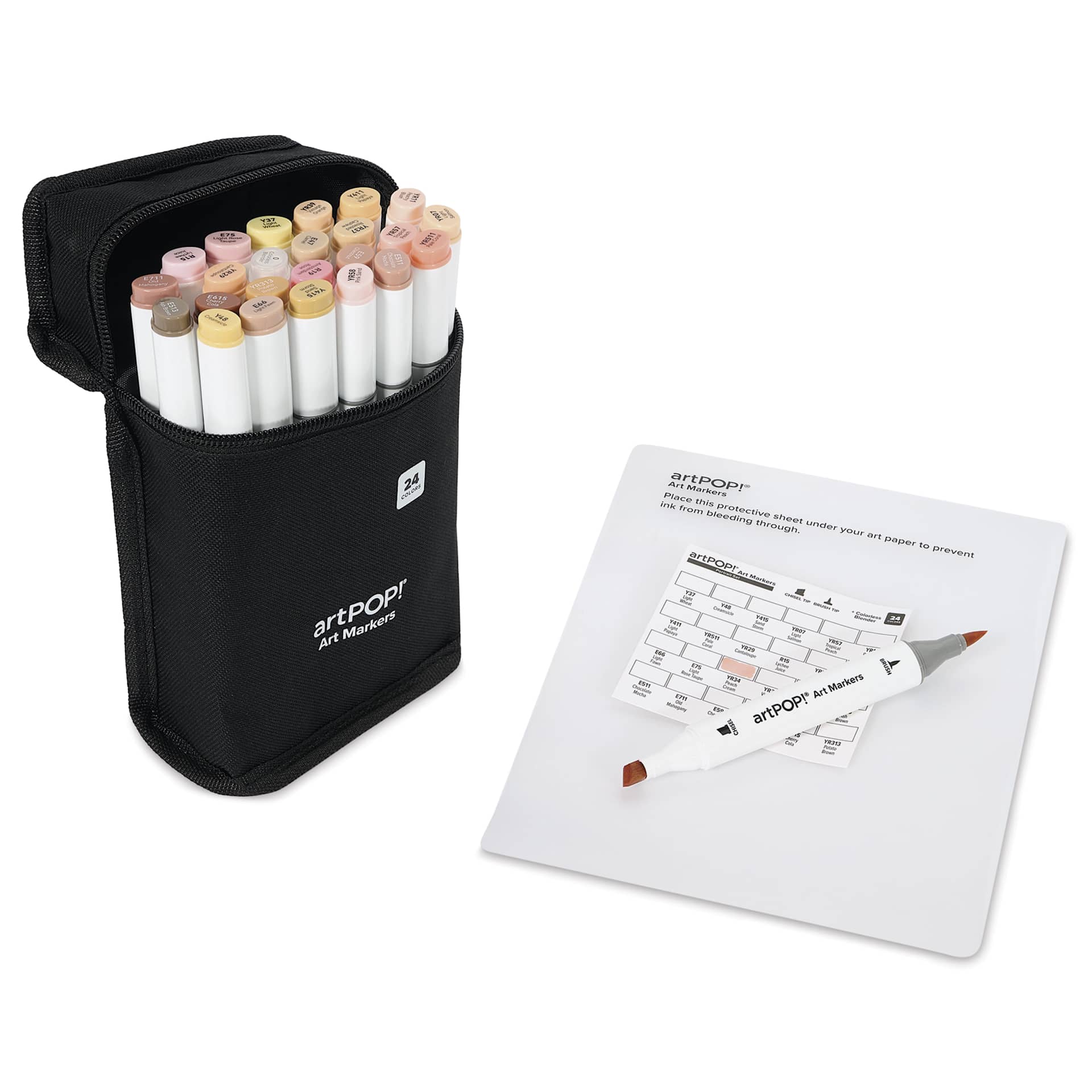 artPOP! Chisel and Brush Dual Tip Alcohol Art Marker Set - Set of 25, Portrait, open packaging next to swatch card