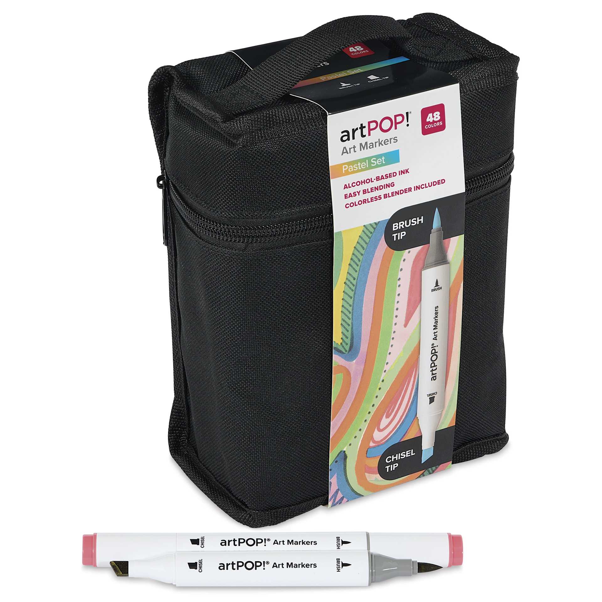 artPOP! Chisel and Brush Dual Tip Alcohol Art Marker Set - Set of 49, Pastel, two markers next to packaging