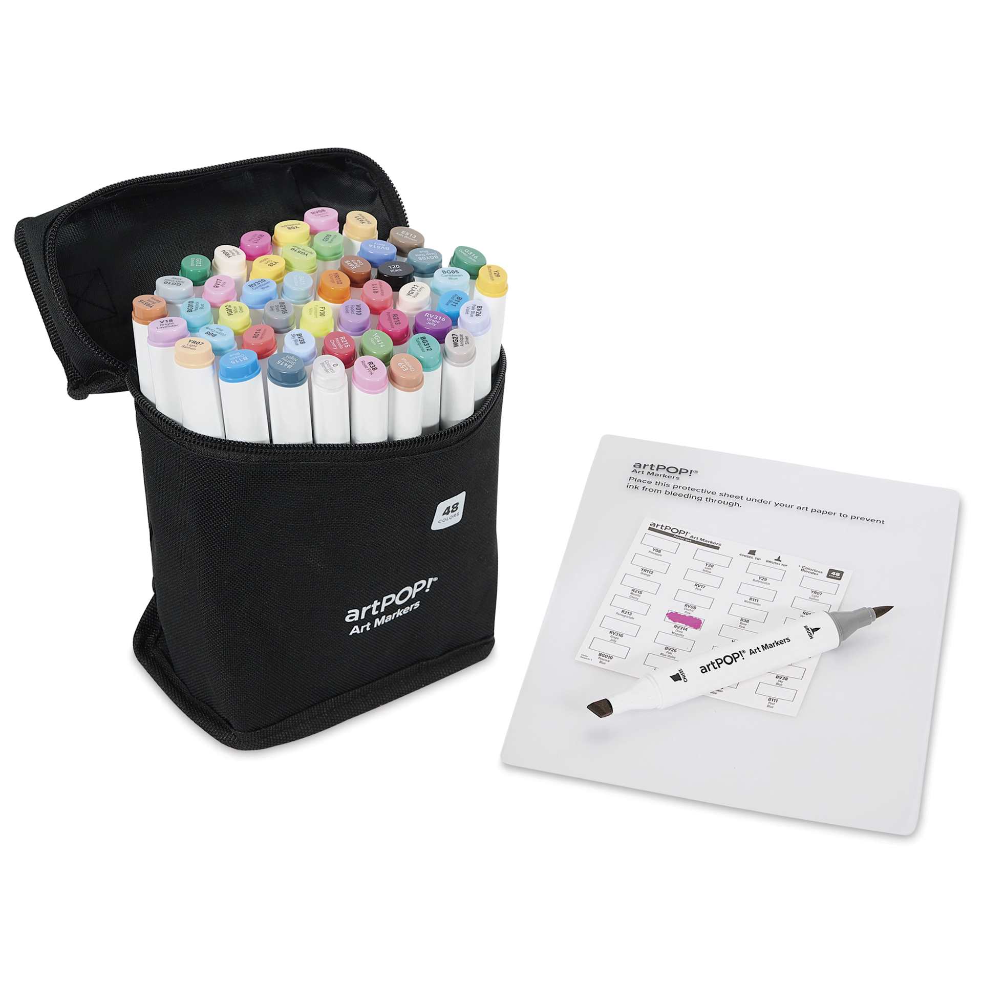 artPOP! Chisel and Brush Dual Tip Alcohol Art Marker Set - Set of 49, Pastel, swatch card next to open packaging