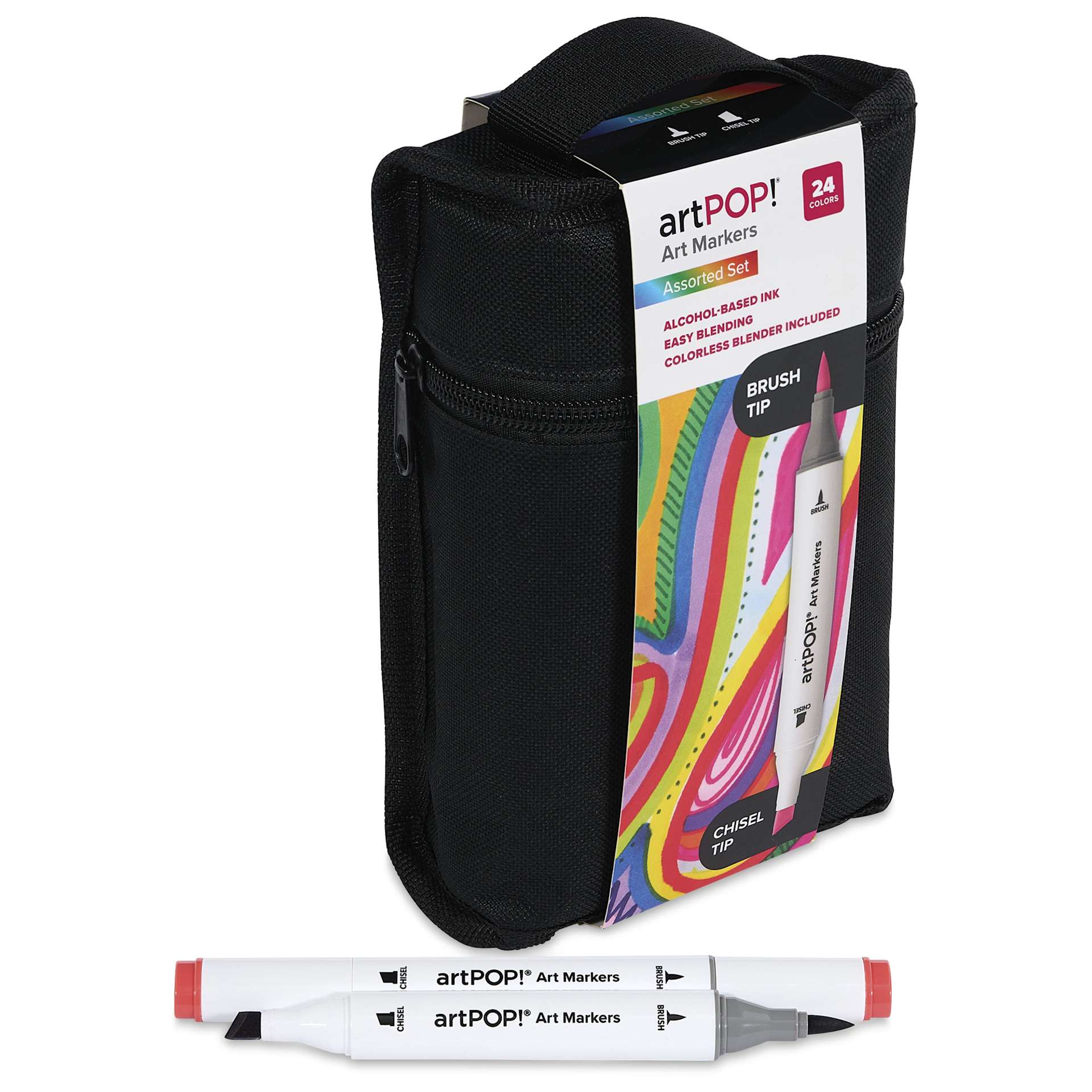 artPOP! Chisel and Brush Dual Tip Alcohol Art Marker Set - Set of 25, Assorted, two markers next to packaging