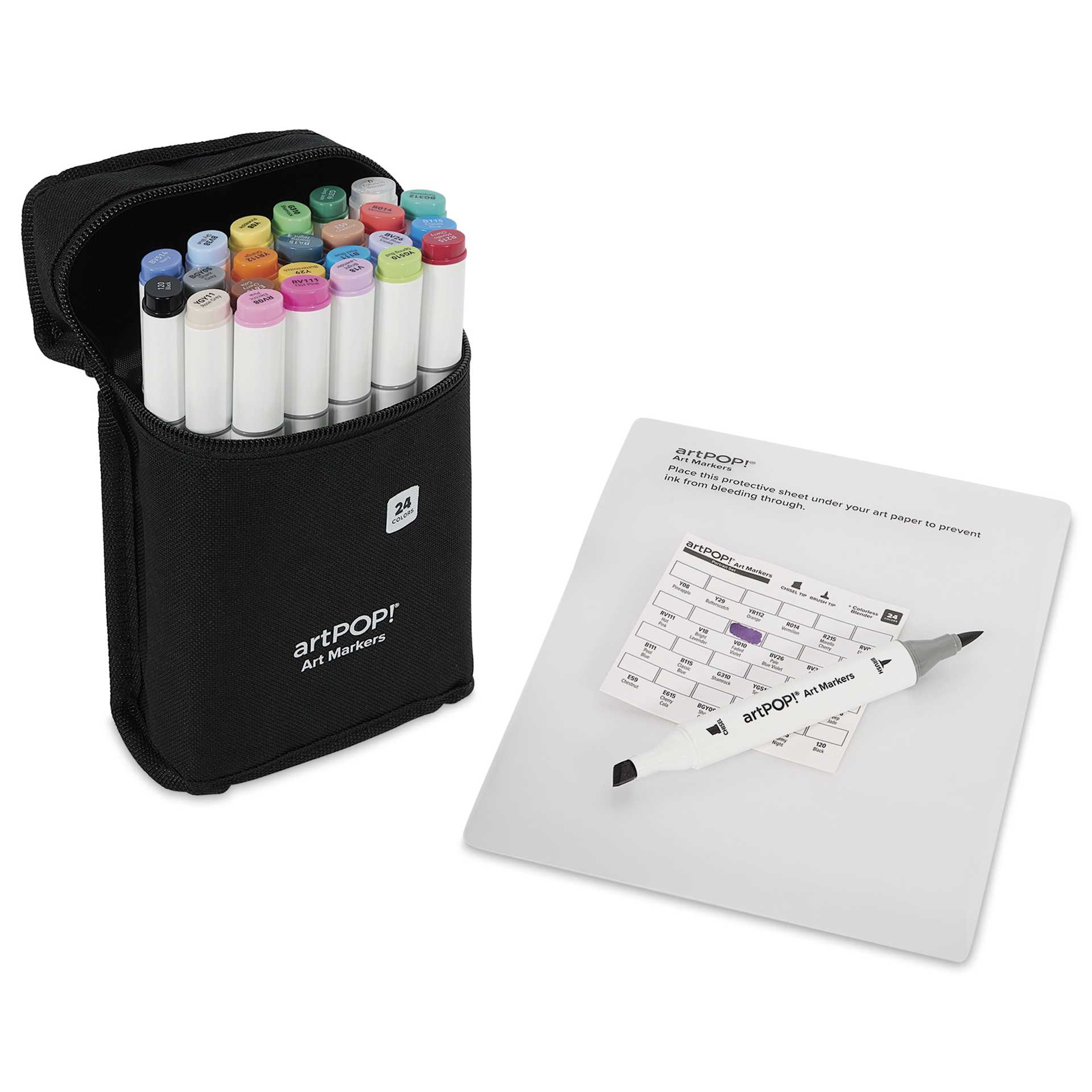 artPOP! Chisel and Brush Dual Tip Alcohol Art Marker Set - Set of 25, Assorted, swatch card and open packaging