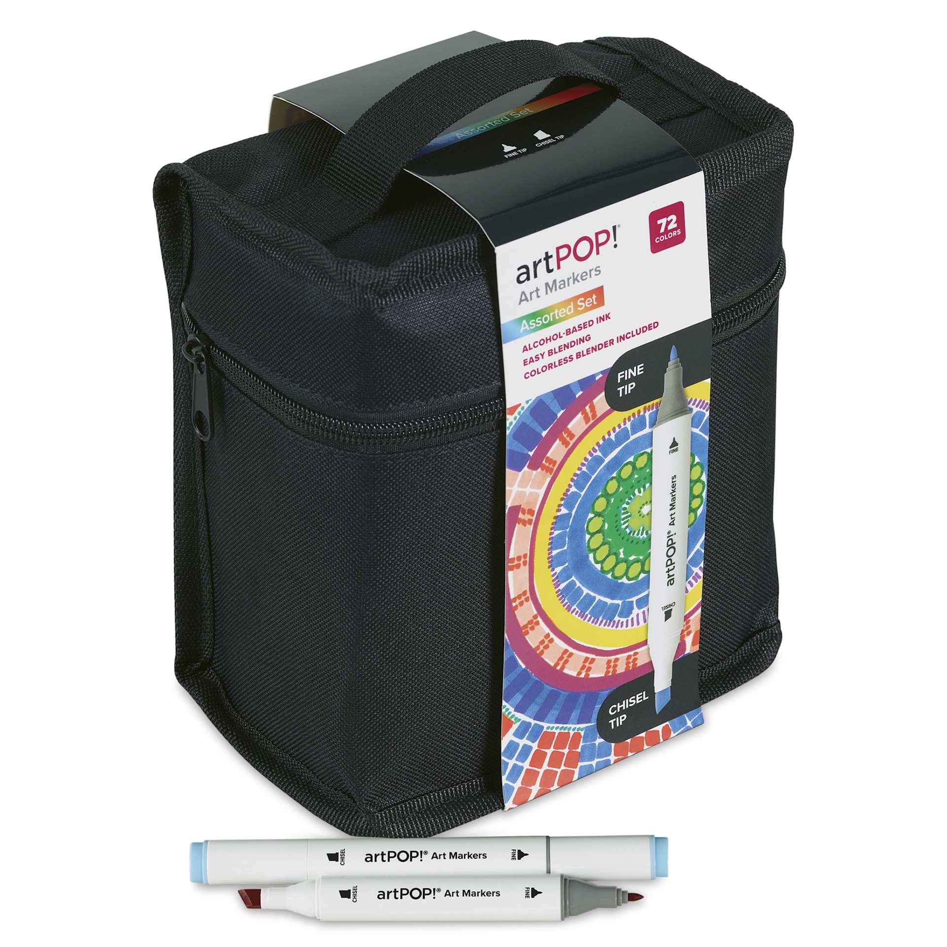 artPOP! Chisel and Fine Dual Tip Alcohol Art Marker Set - Set of 73, Assorted, two markers next to packaging