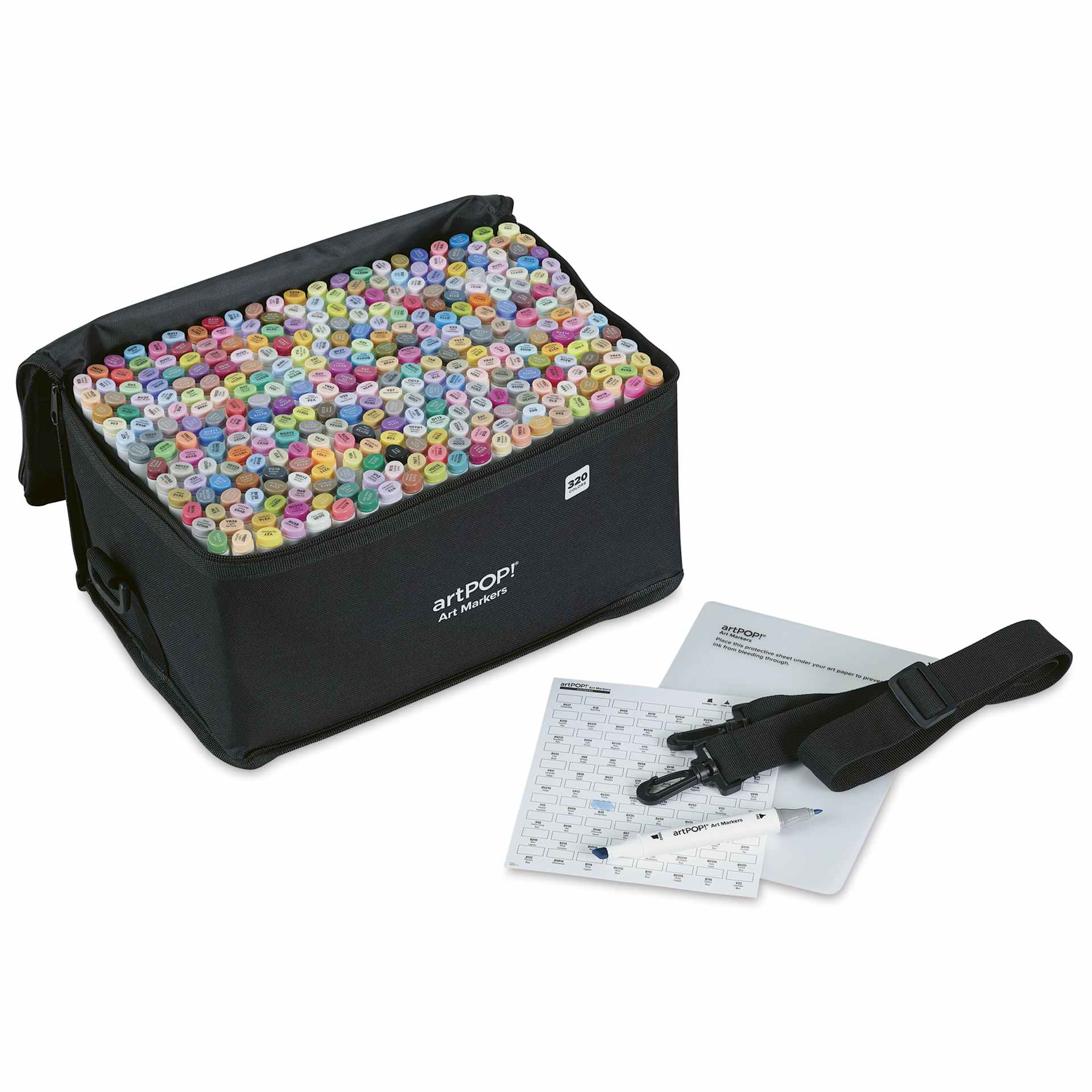 artPOP! Chisel and Fine Dual Tip Alcohol Art Marker Set - Set of 321, Assorted, swatch card next to packaging