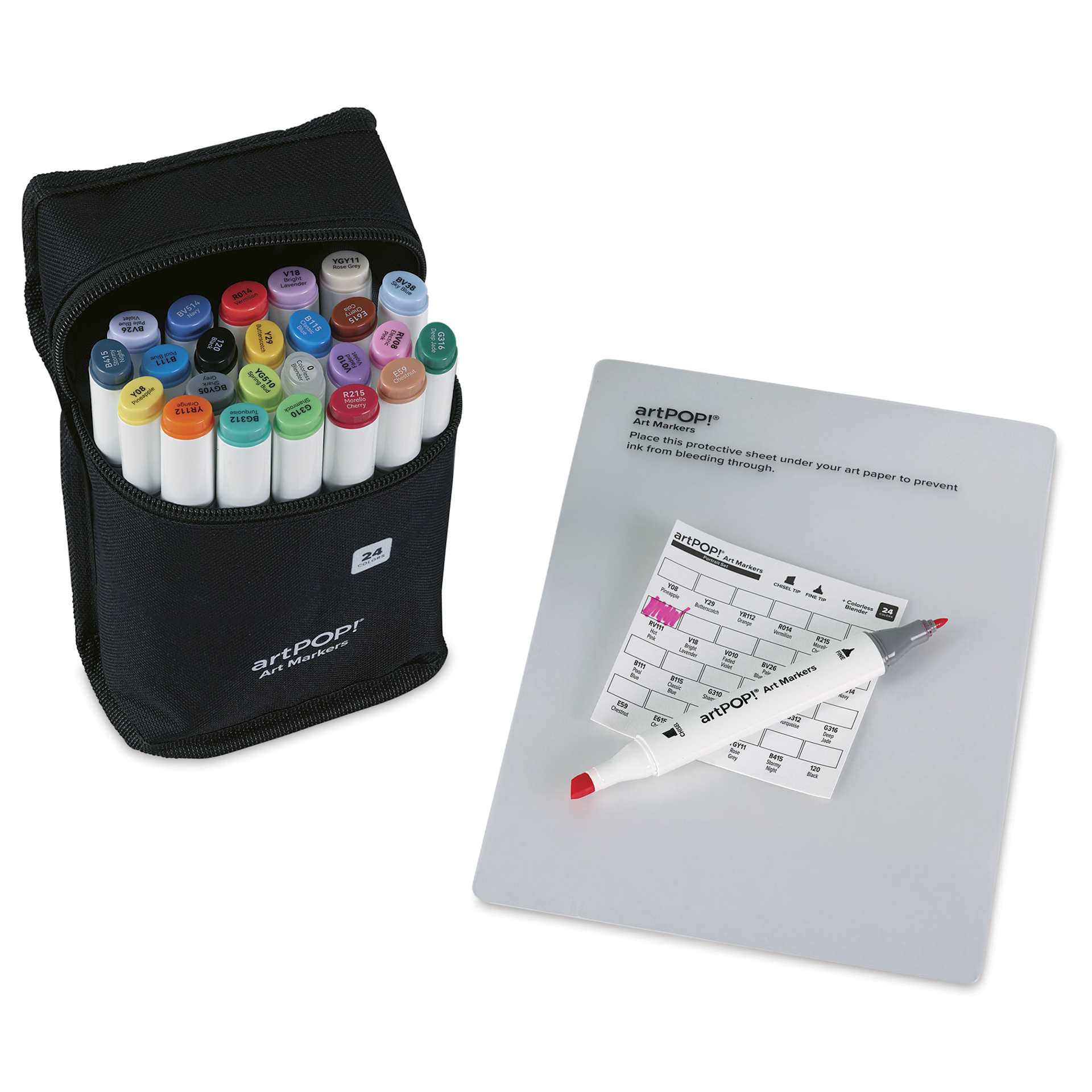 artPOP! Chisel and Fine Dual Tip Alcohol Art Marker Set - Set of 25, Assorted, swatch card next to packaging