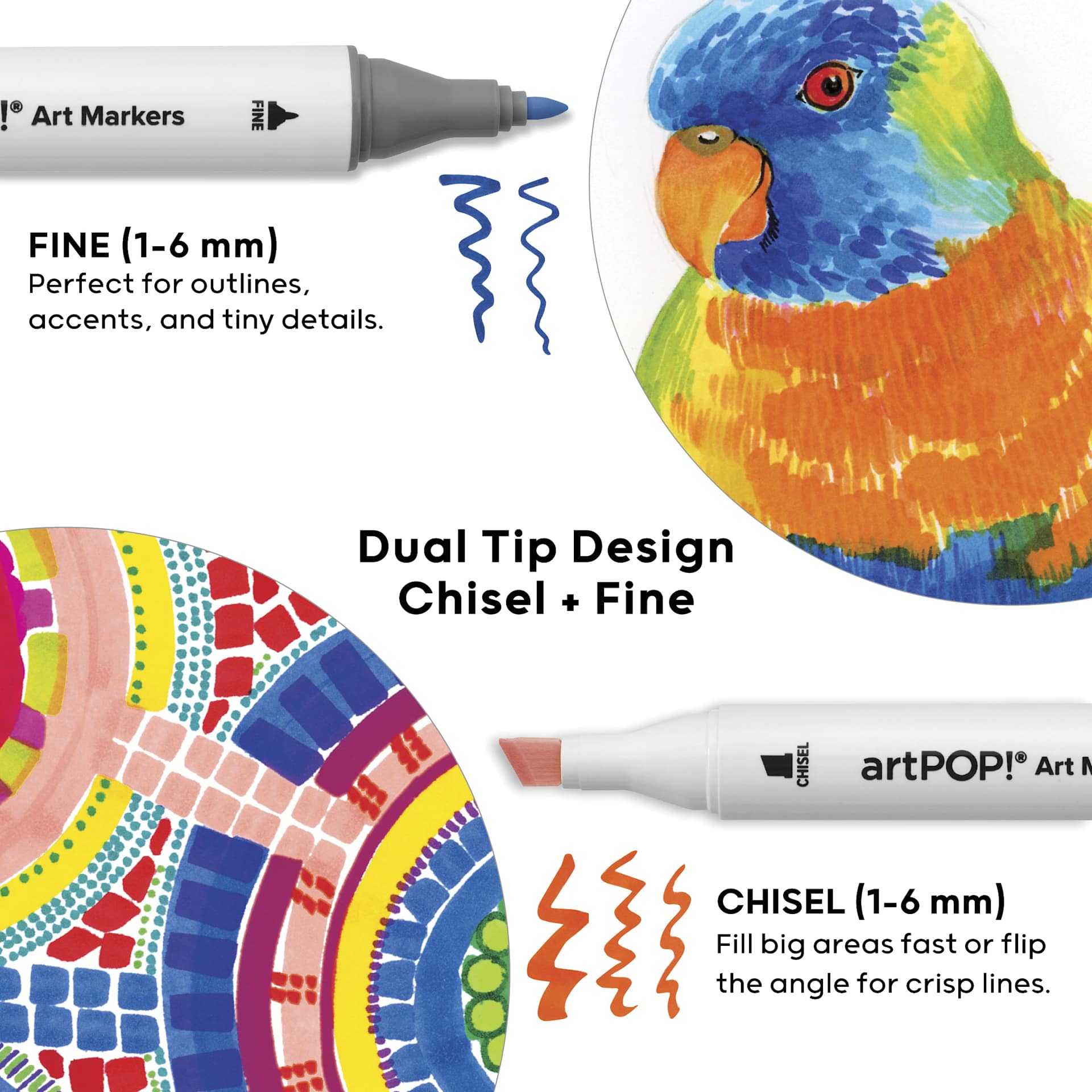 Fine (1-6 mm) Perfect for outlines, accents, and tiny details. Dual Tip Design Chisel + Fine. Chisel (1-6 mm) Fill big areas fast or flip the angle for crisp lines.