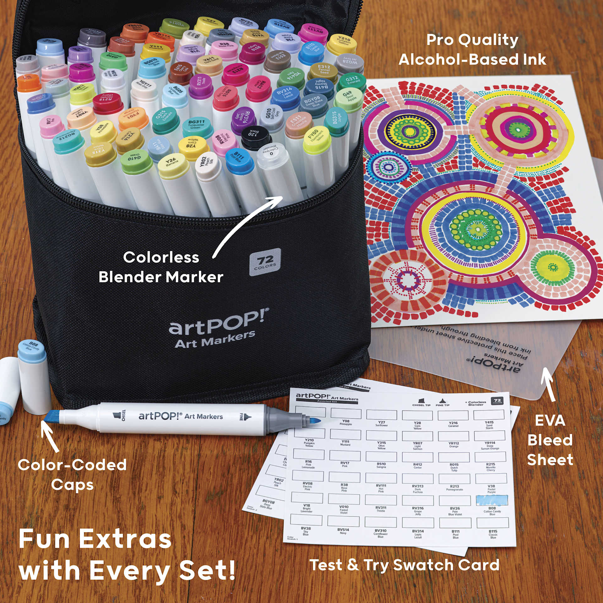 Color-Coded Caps. Colorless Blended Marker. Pro Quality Alcohol-Based Ink. Fun Extras with Every Set! Test & Try Swatch Card. EVA Bleed Sheet.