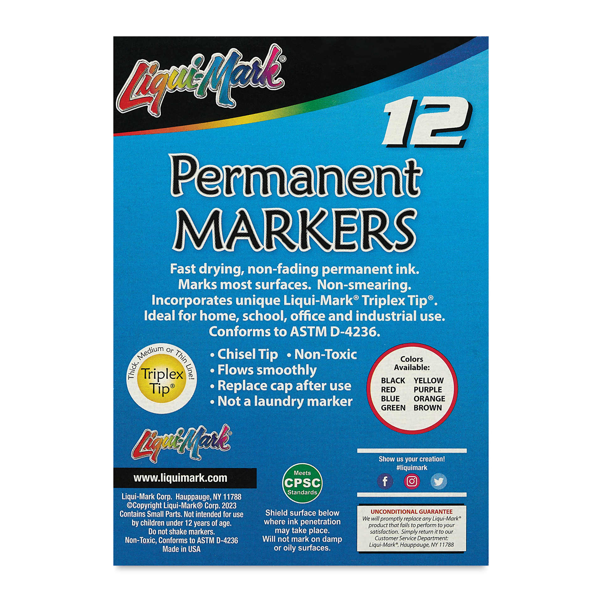 Liqui-Mark Permanent Markers- Pkg of 12, Black, Chisel Tip back of packaging