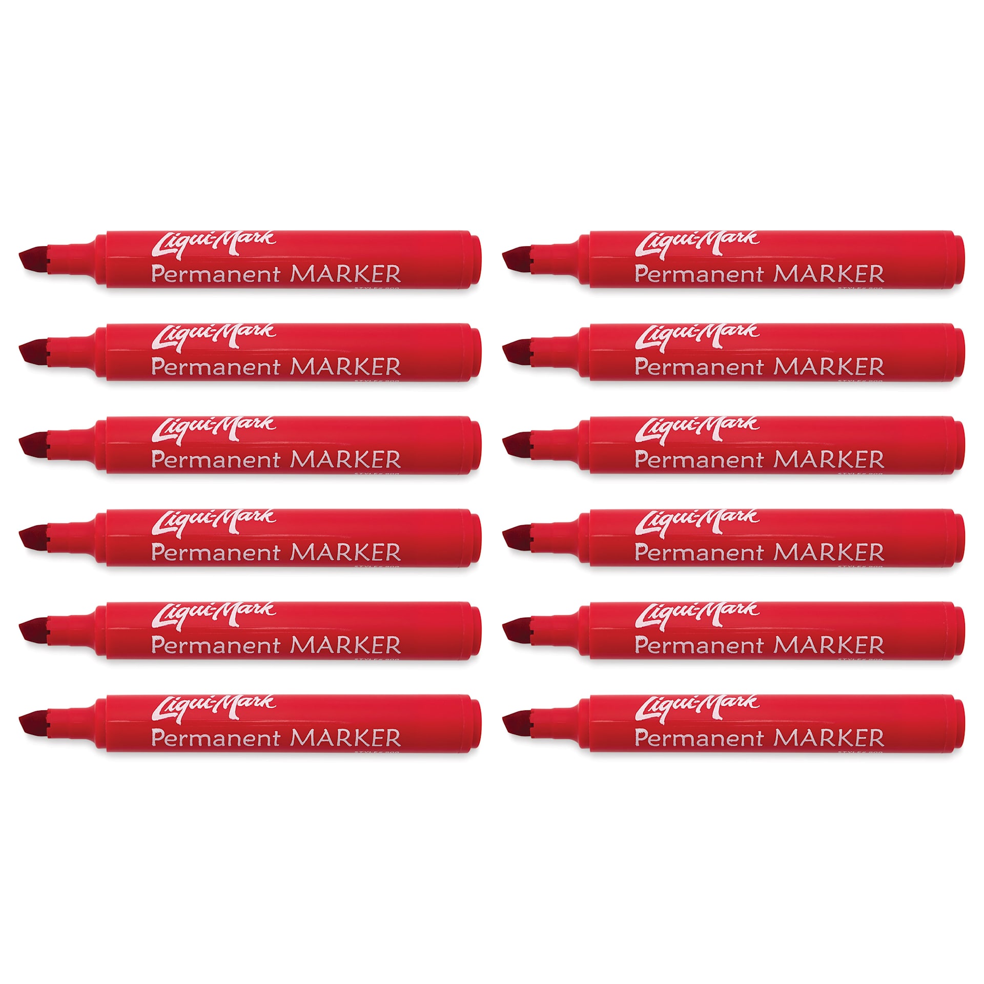 Liqui-Mark Permanent Markers- Pkg of 12, Red, Chisel Tip with caps off