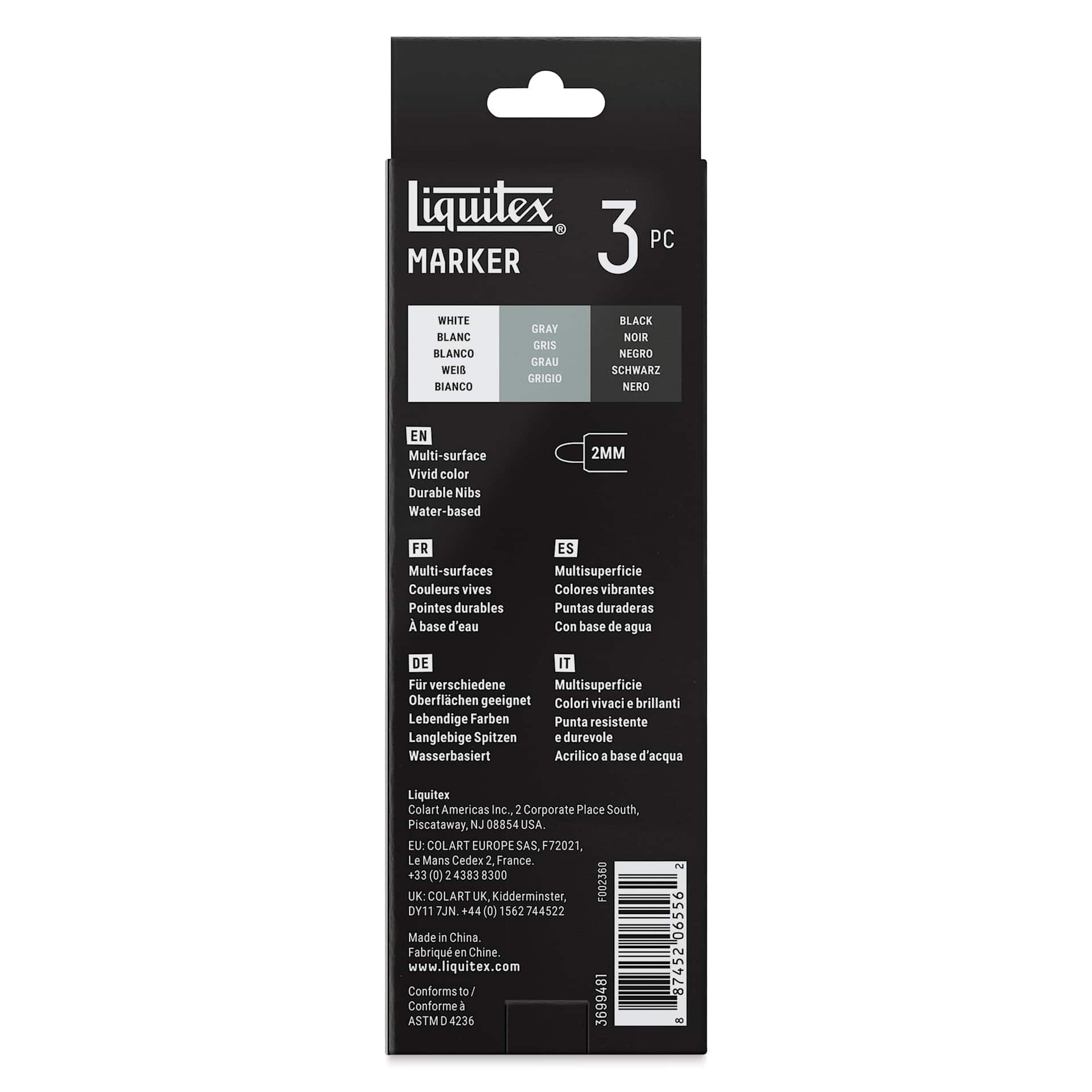 Liquitex Markers - Set of 3, Monochrome, Bullet Tip, 2 mm, back of packaging