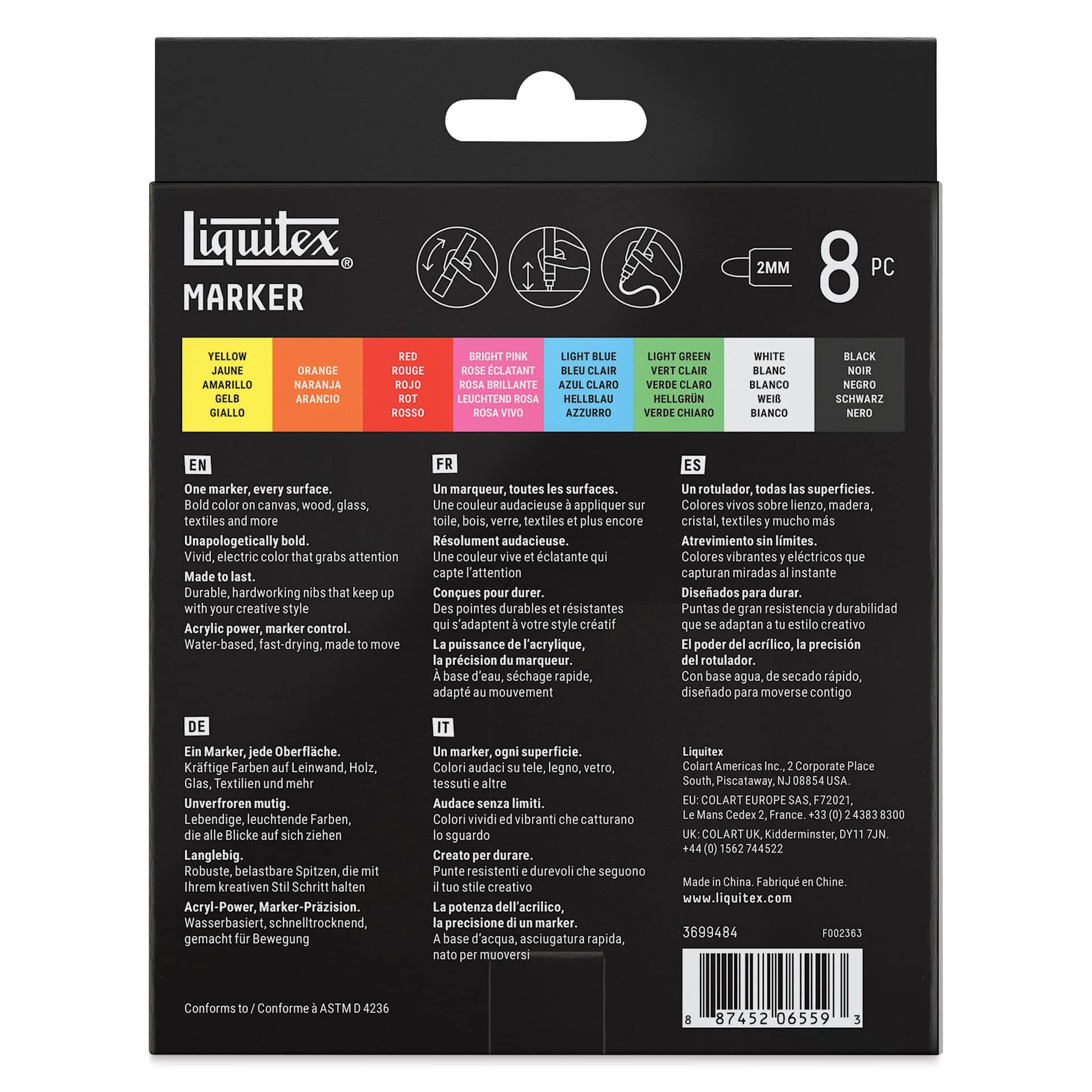 Liquitex Markers - Set of 8, Essential Colors, Bullet Tip, 2 mm, back of packaging