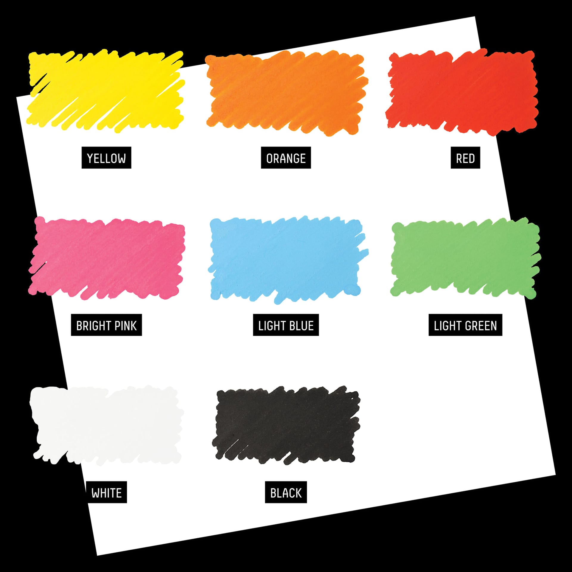 Yellow, Orange, Red, Bright Pink, Light Blue, Light Green, White, and Black.
