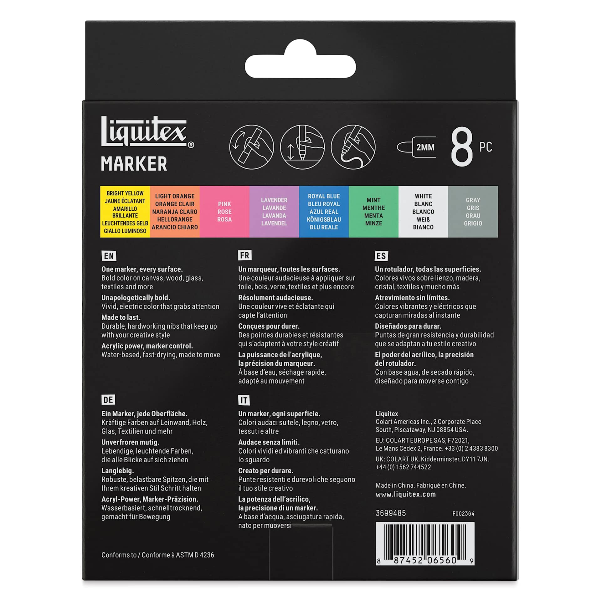 Liquitex Markers - Set of 8, Dreamscape Colors, Bullet Tip, 2 mm, back of packaging