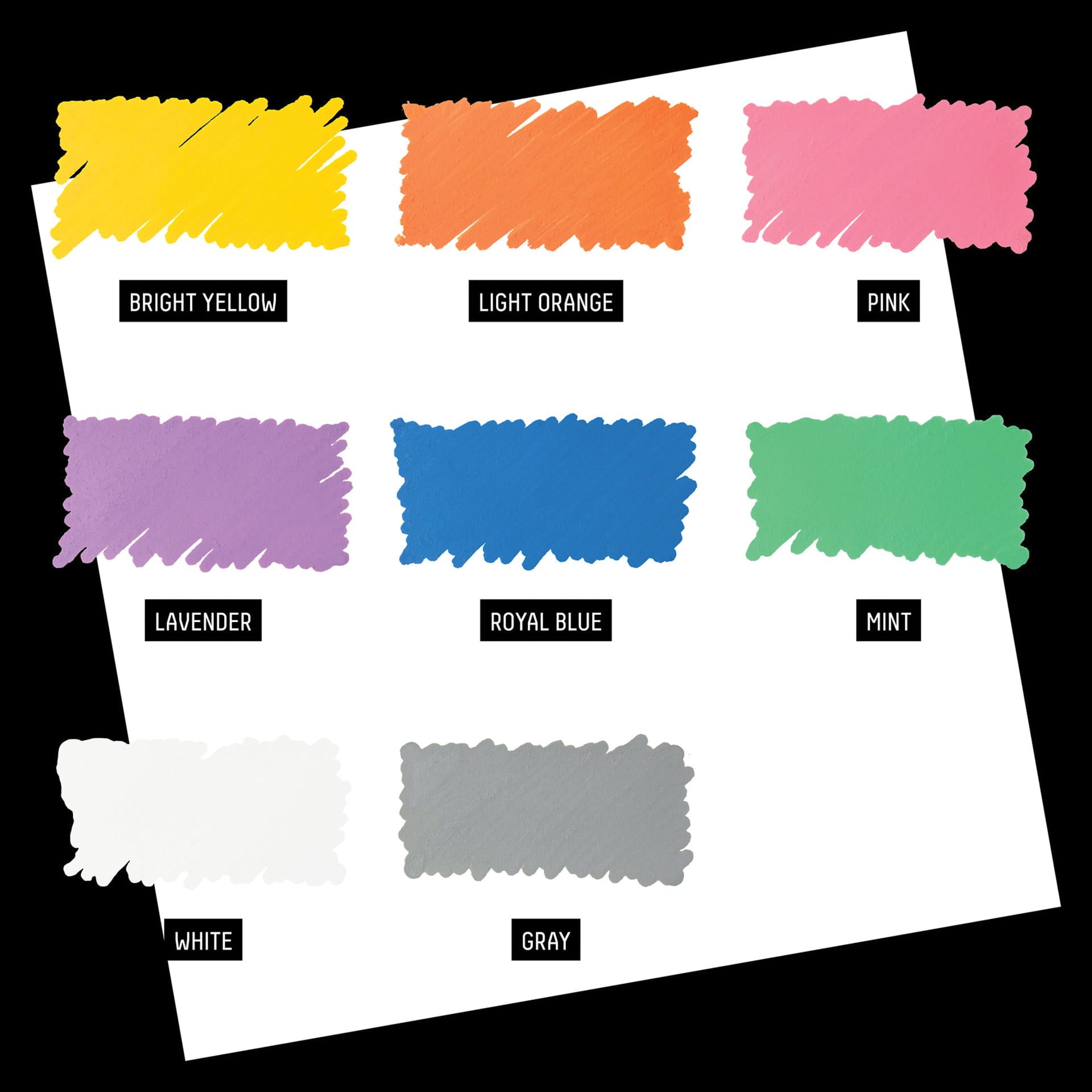 Bright Yellow, Light Orange, Pink, Lavender, Royal Blue, Mint, White, Gray.
