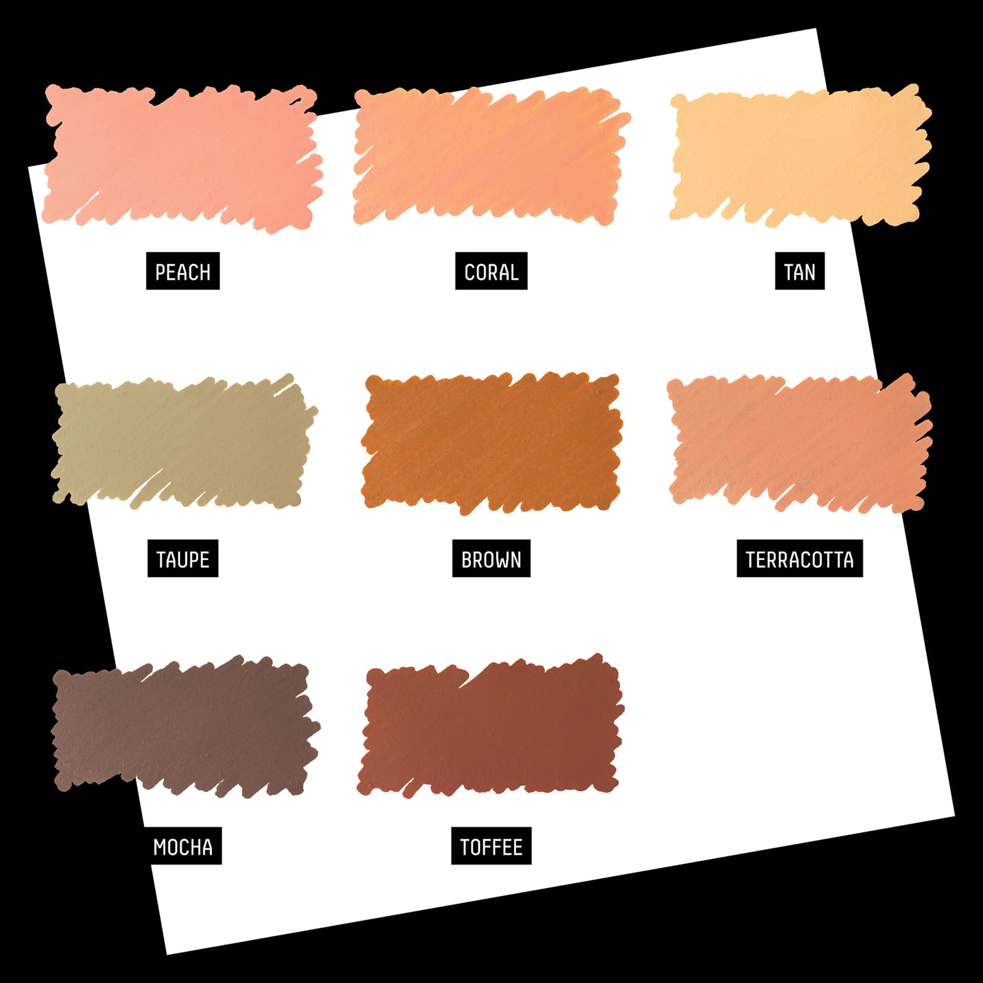Peach, Coral, Tan, Taupe, Brown, Terracotta, Mocha, and Toffee.