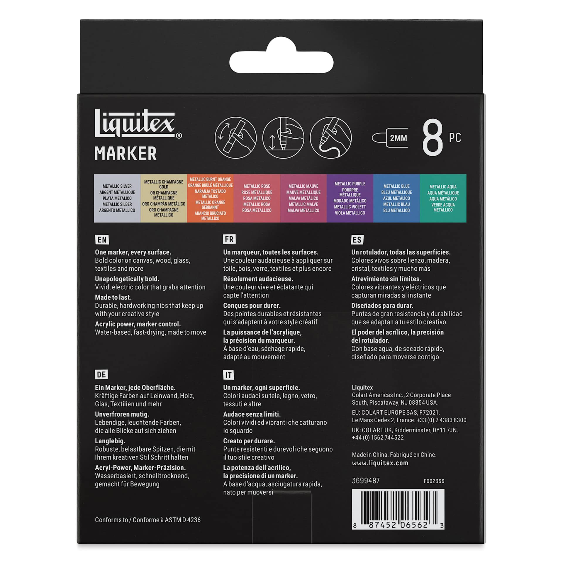Liquitex Markers - Set of 8, Metallic Colors, Bullet Tip, 2 mm, back of packaging