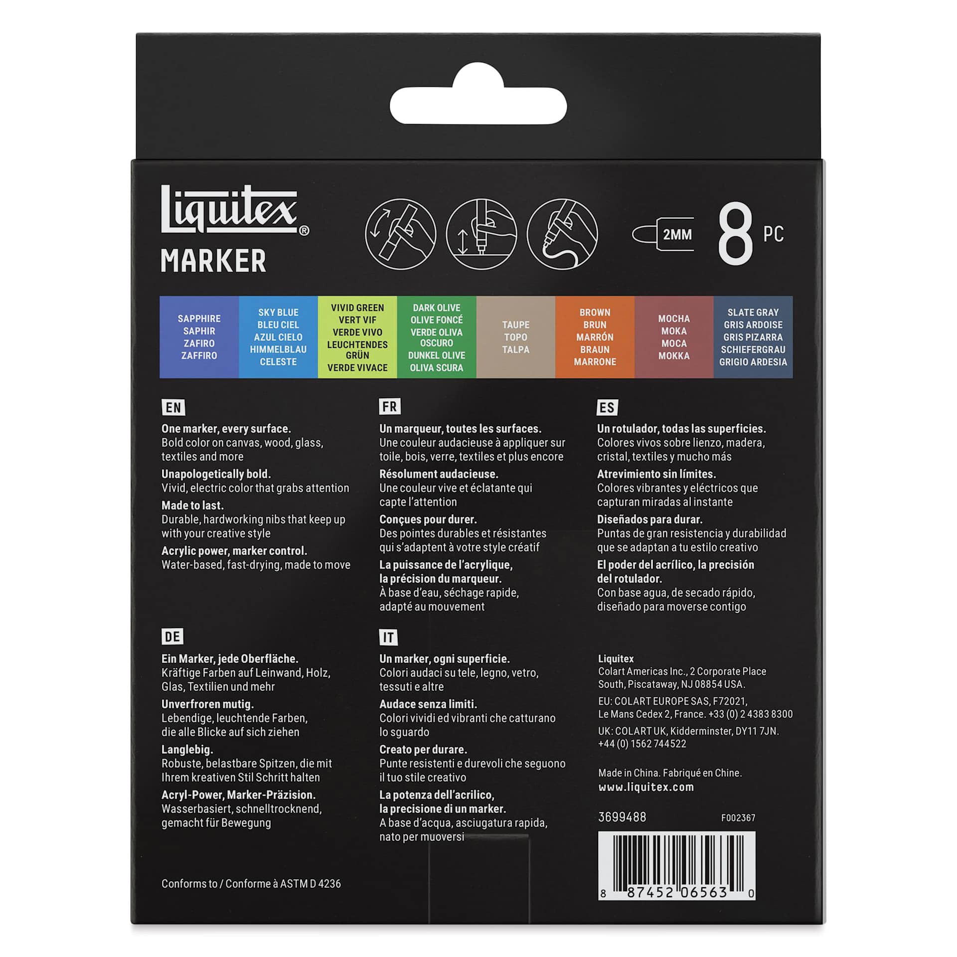 Liquitex Markers - Set of 8, Landscape Colors, Bullet Tip, 2 mm, back of packaging