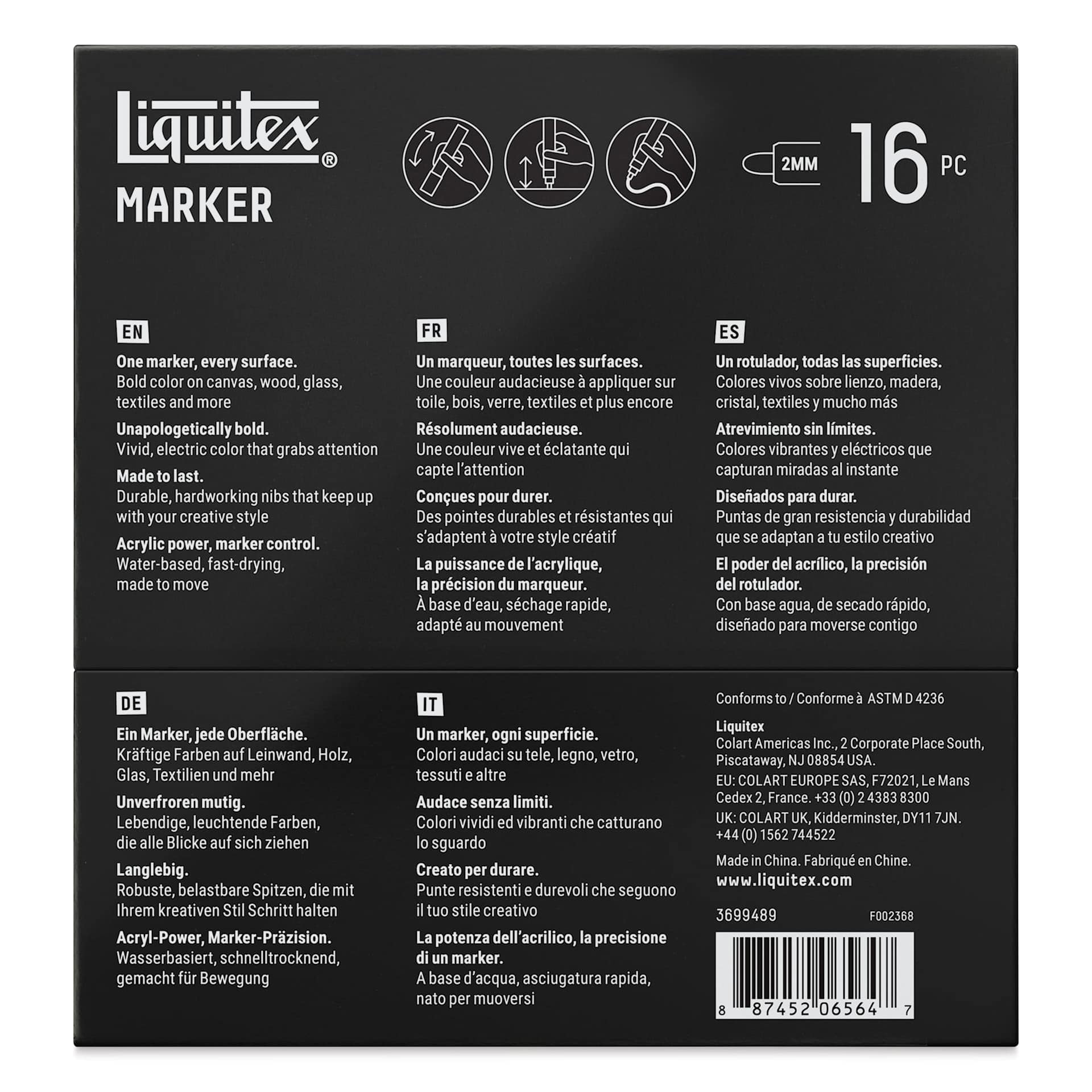 Liquitex Markers - Set of 16, Expression Colors, Bullet Tip, 2 mm, back of packaging